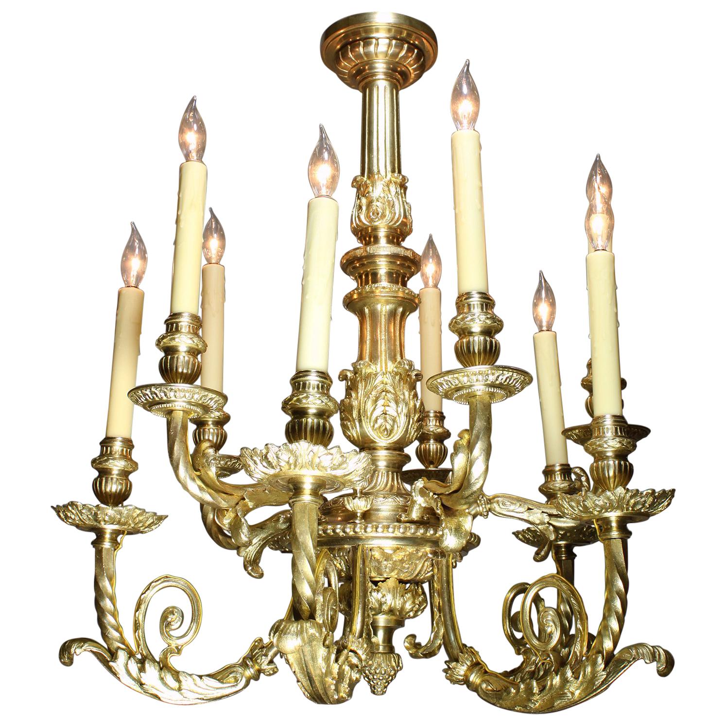 Fine French 19th-20th Century Louis XV Style Gilt-Bronze Ten-Light Chandelier For Sale