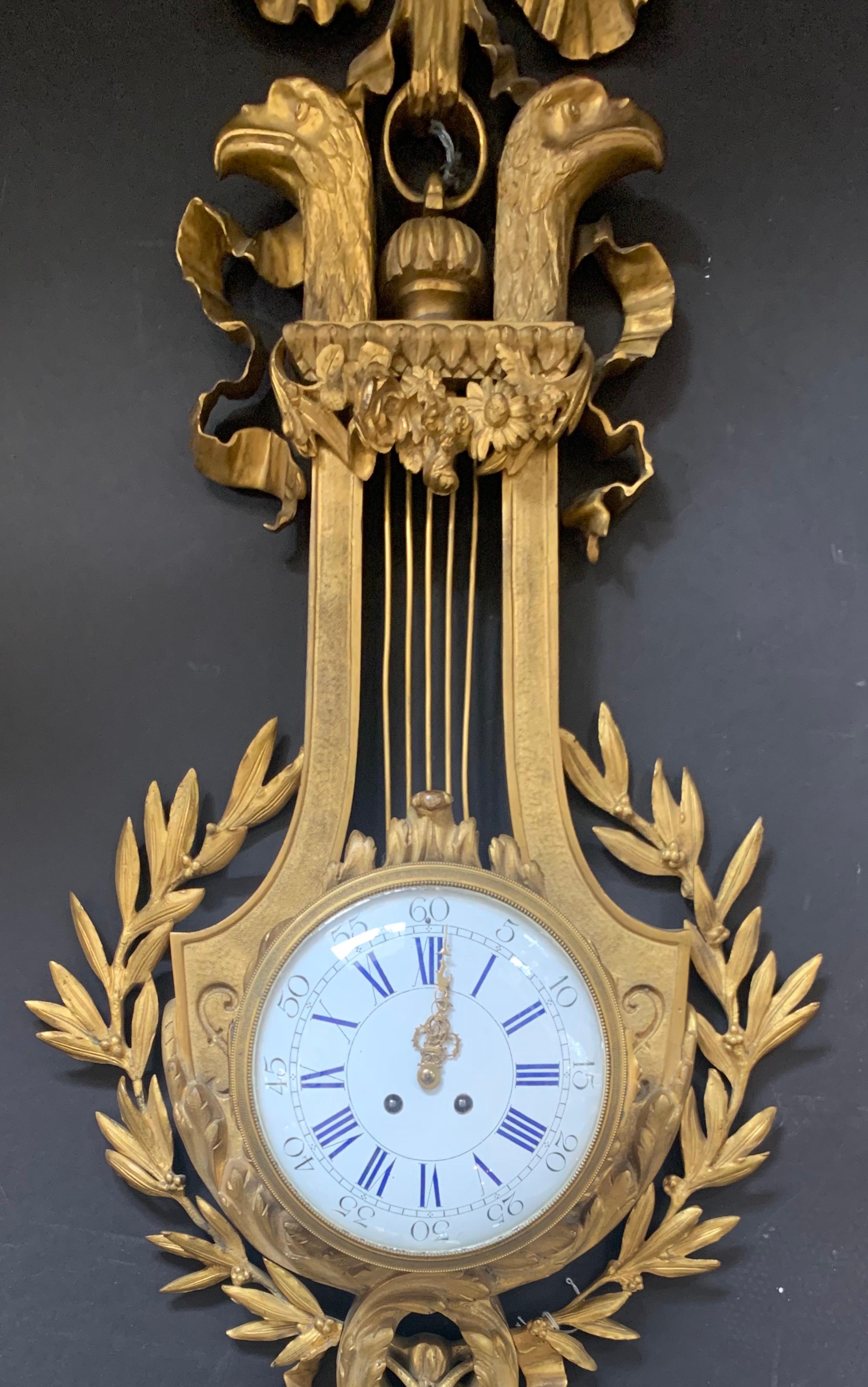 Louis XVI Fine French 19th Century Gilt Bronze Bow Top Cartel Wall Clock Birds of Prey