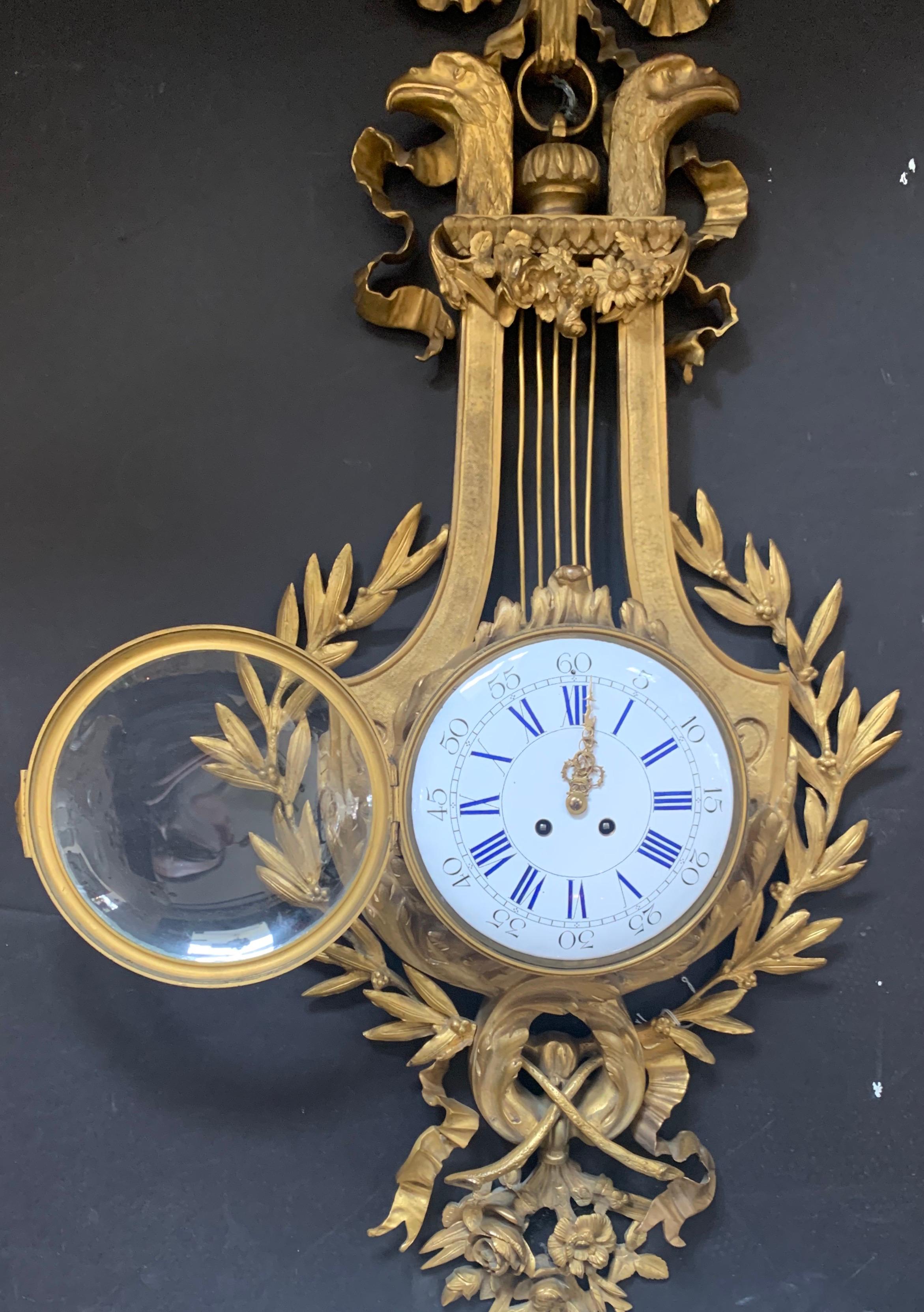 Fine French 19th Century Gilt Bronze Bow Top Cartel Wall Clock Birds of Prey 1