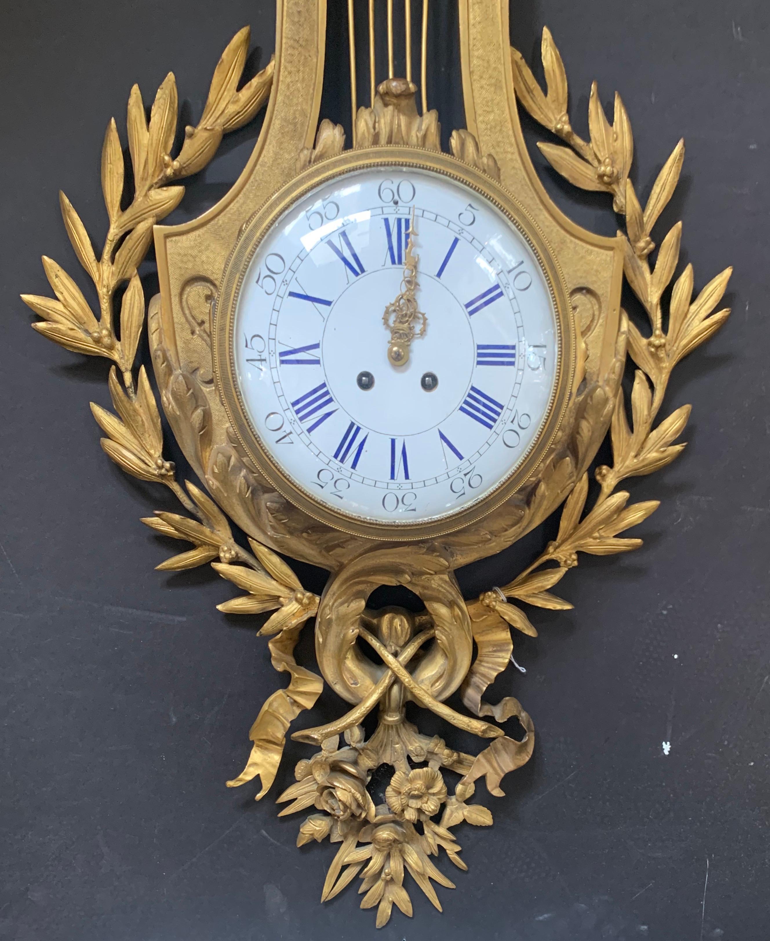 Fine French 19th Century Gilt Bronze Bow Top Cartel Wall Clock Birds of Prey 2