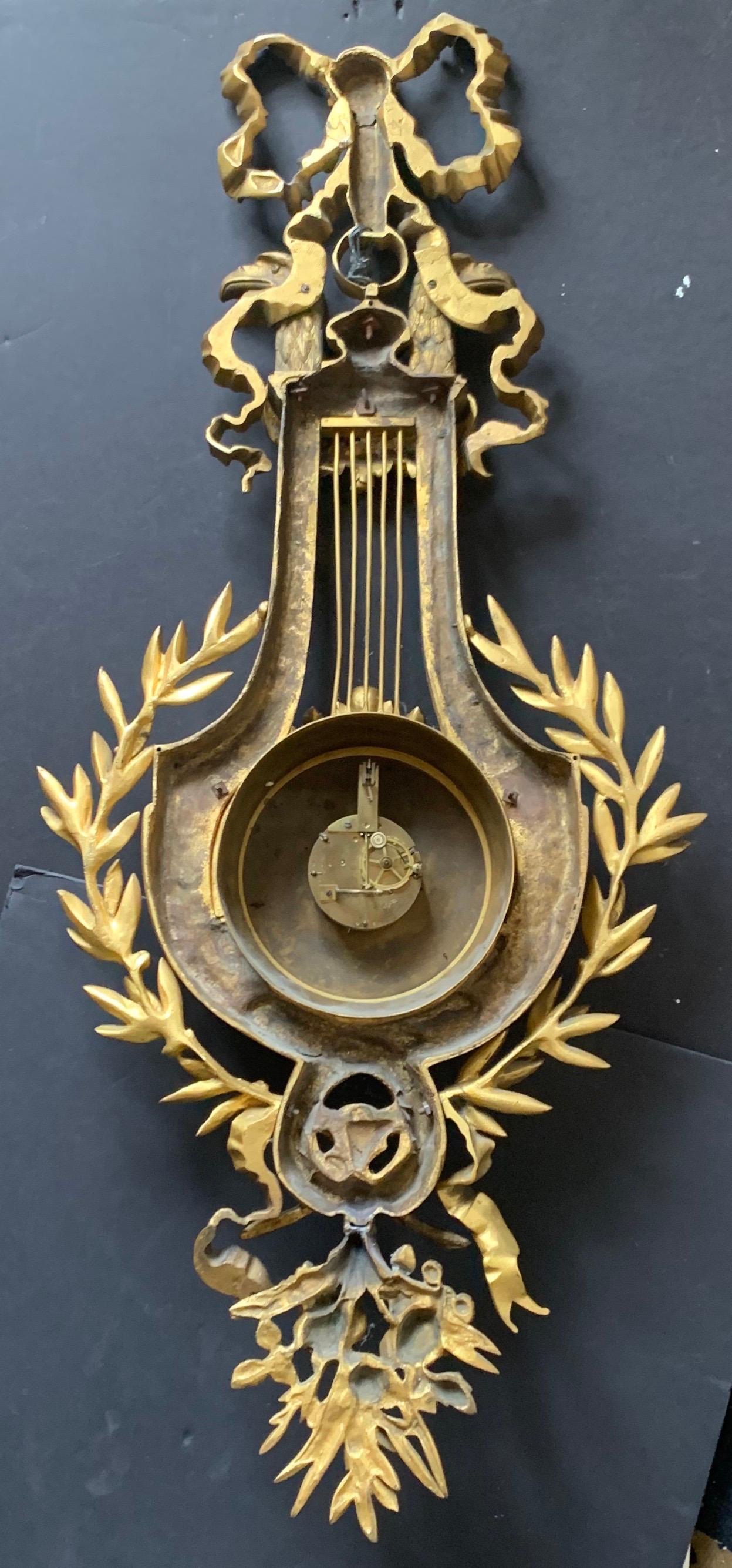 Fine French 19th Century Gilt Bronze Bow Top Cartel Wall Clock Birds of Prey 4