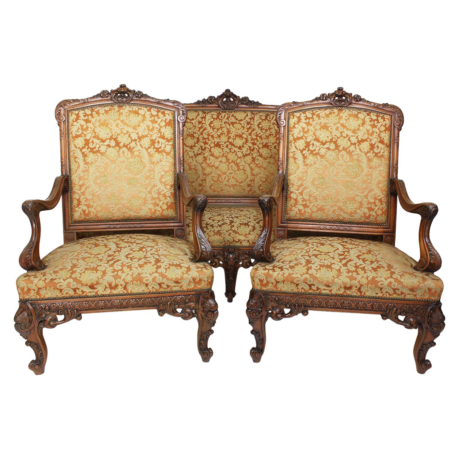 Fine French 19th Century Louis XV Style Carved Walnut Three-Piece Salon Suite