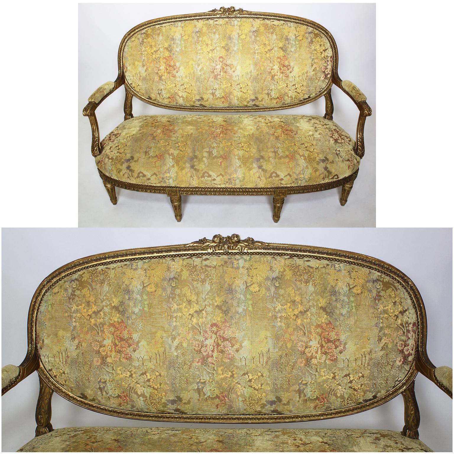 Fine French 19th Century Louis XVI Style Giltwood Carved Five-Piece Salon Suite For Sale 11