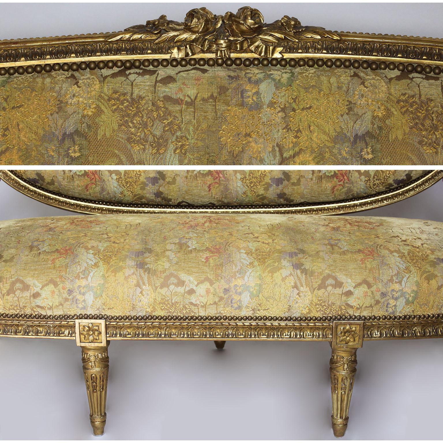 Fine French 19th Century Louis XVI Style Giltwood Carved Five-Piece Salon Suite For Sale 12
