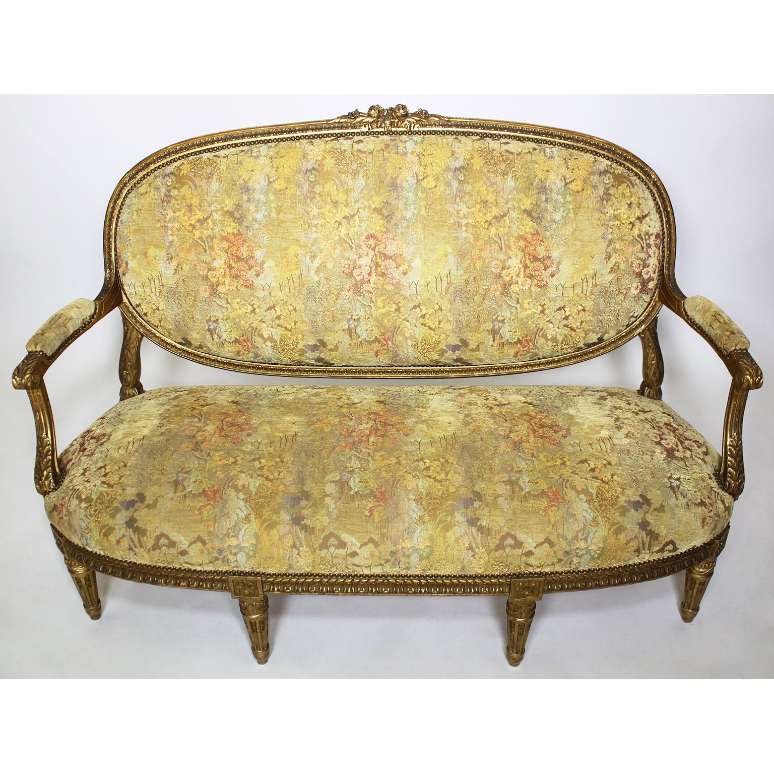 Hand-Carved Fine French 19th Century Louis XVI Style Giltwood Carved Five-Piece Salon Suite For Sale