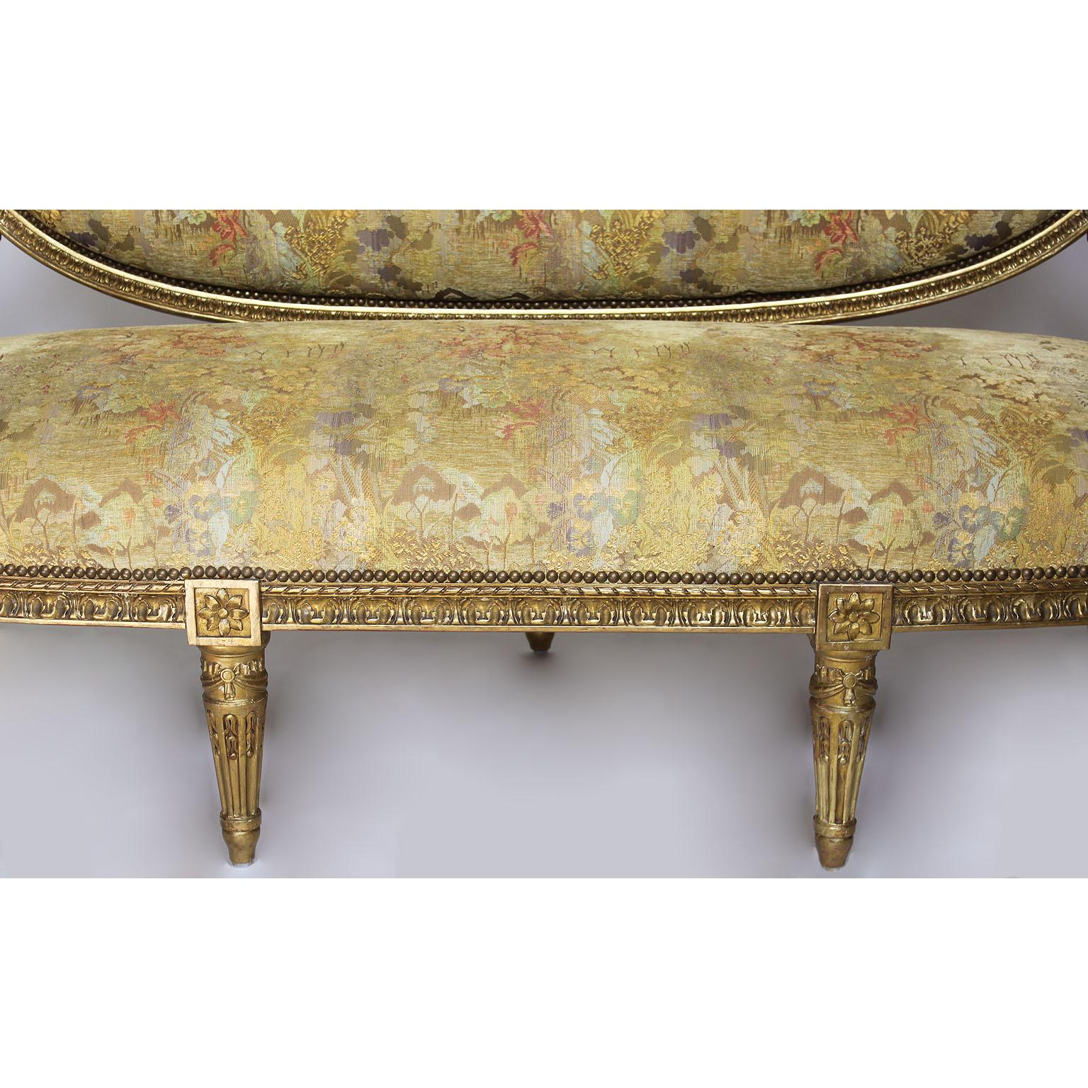 Fine French 19th Century Louis XVI Style Giltwood Carved Five-Piece Salon Suite For Sale 1