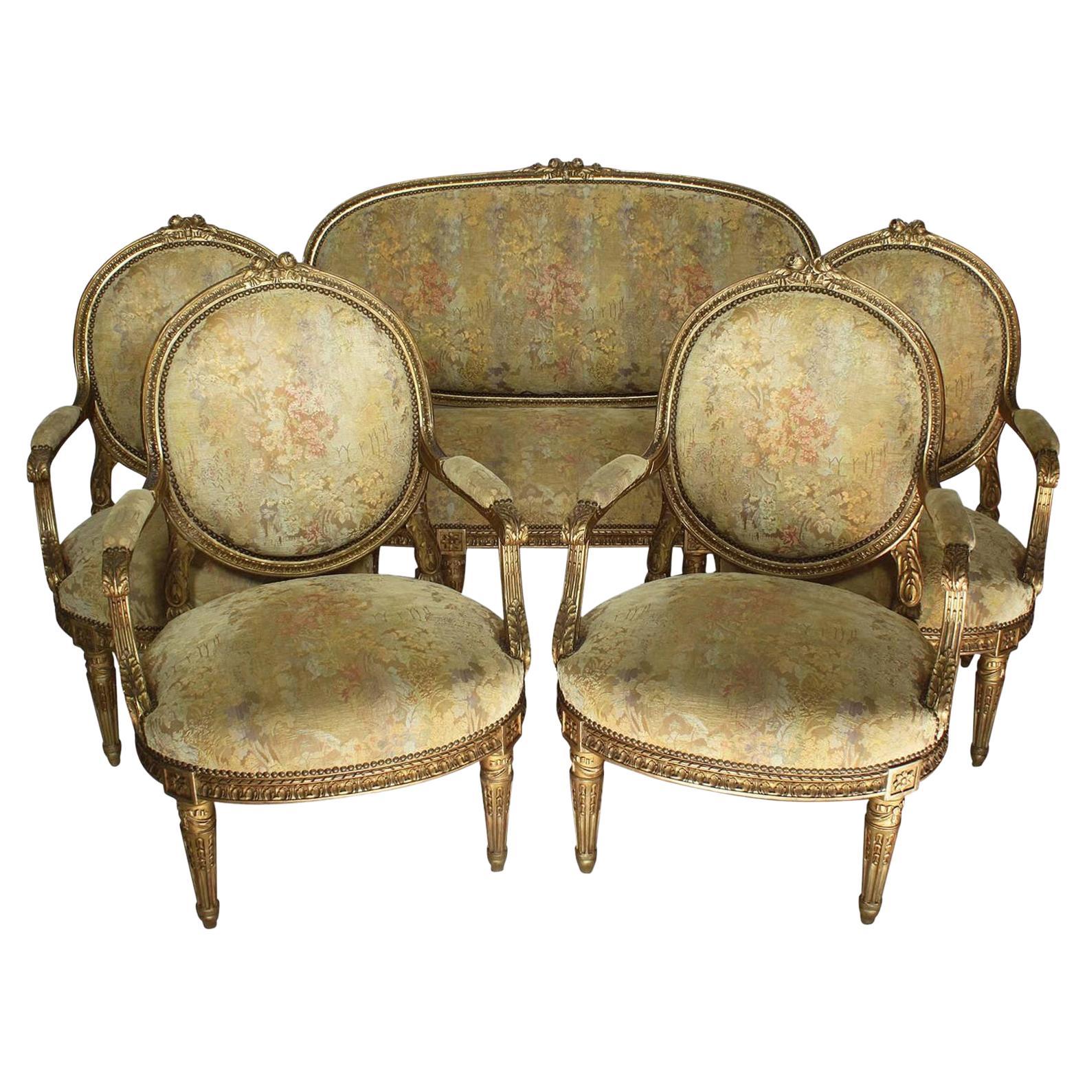 Fine French 19th Century Louis XVI Style Giltwood Carved Five-Piece Salon Suite