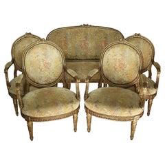 Antique Fine French 19th Century Louis XVI Style Giltwood Carved Five-Piece Salon Suite