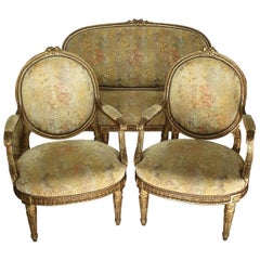 Fine French 19th Century Louis XVI Style Giltwood Carved Three-Piece Salon Suite
