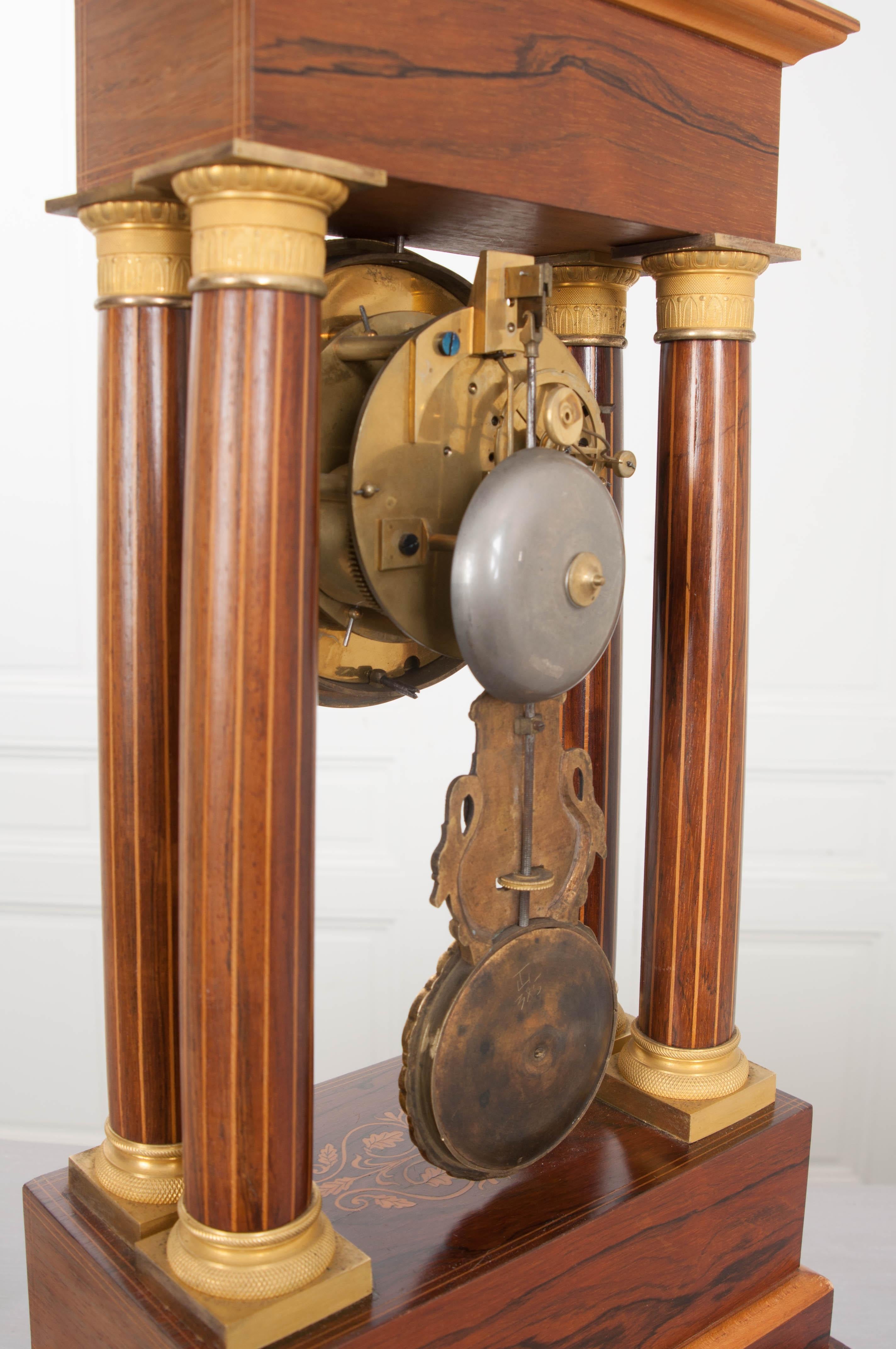 Fine 19th Century Marquetry-Inlaid Satinwood and Gilt-Bronze Portico Clock For Sale 5