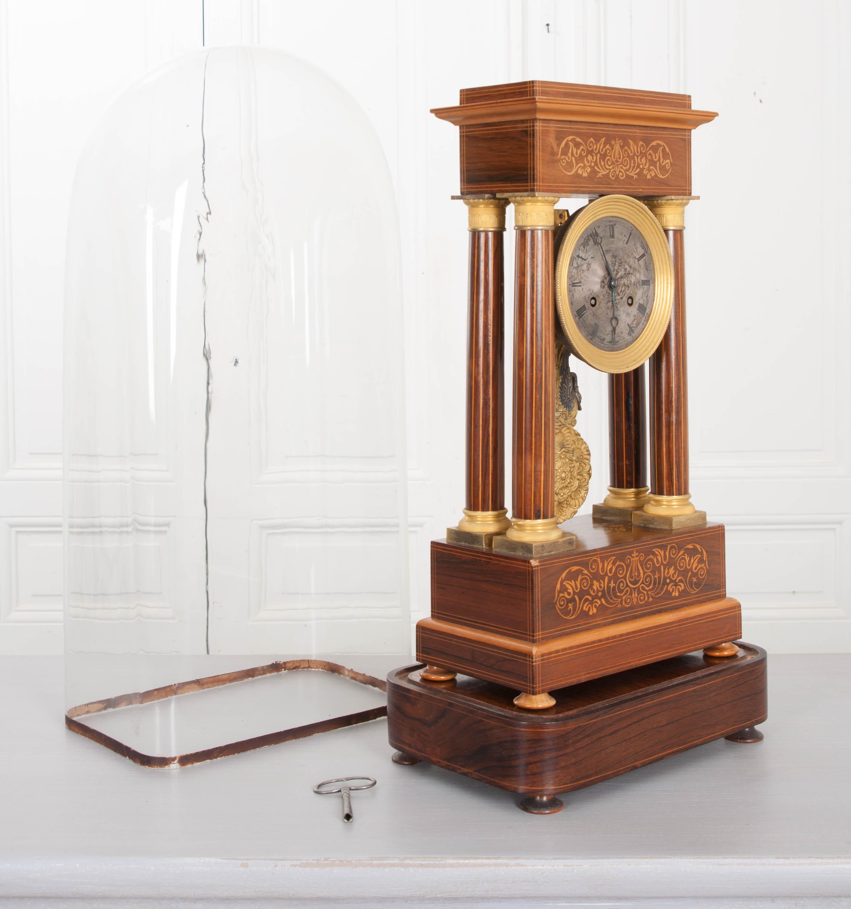 Fine 19th Century Marquetry-Inlaid Satinwood and Gilt-Bronze Portico Clock For Sale 10