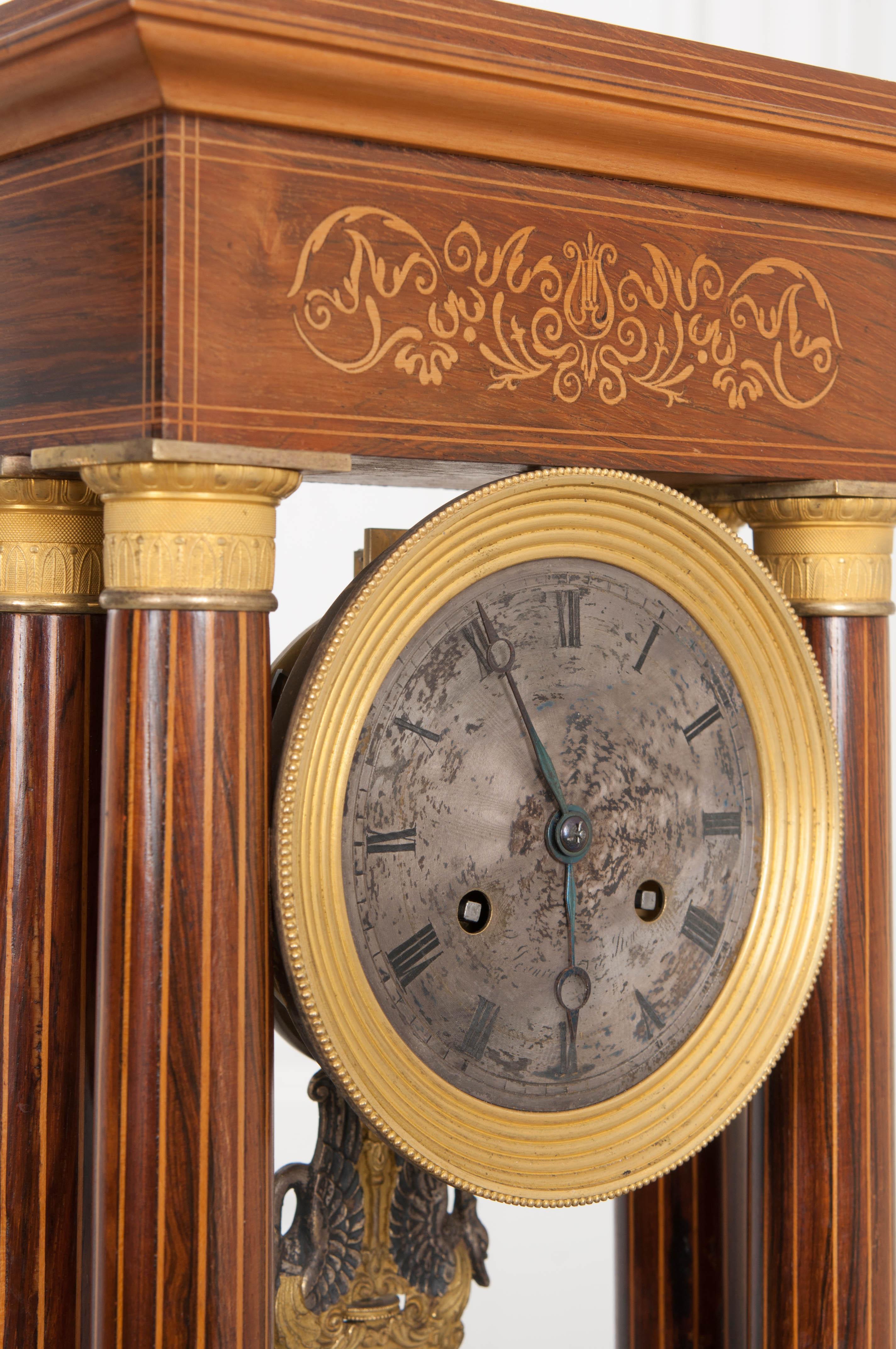 Fine 19th Century Marquetry-Inlaid Satinwood and Gilt-Bronze Portico Clock For Sale 11
