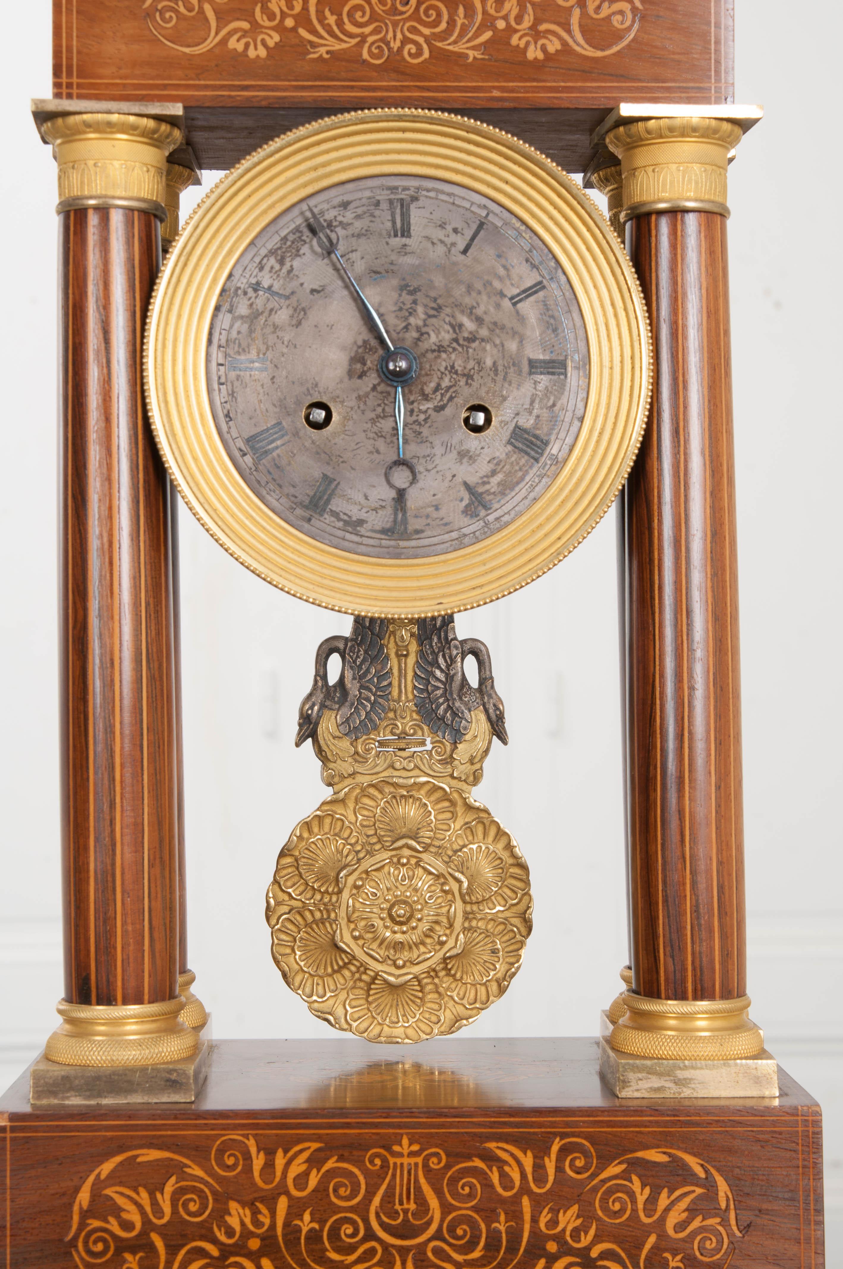 French Fine 19th Century Marquetry-Inlaid Satinwood and Gilt-Bronze Portico Clock For Sale