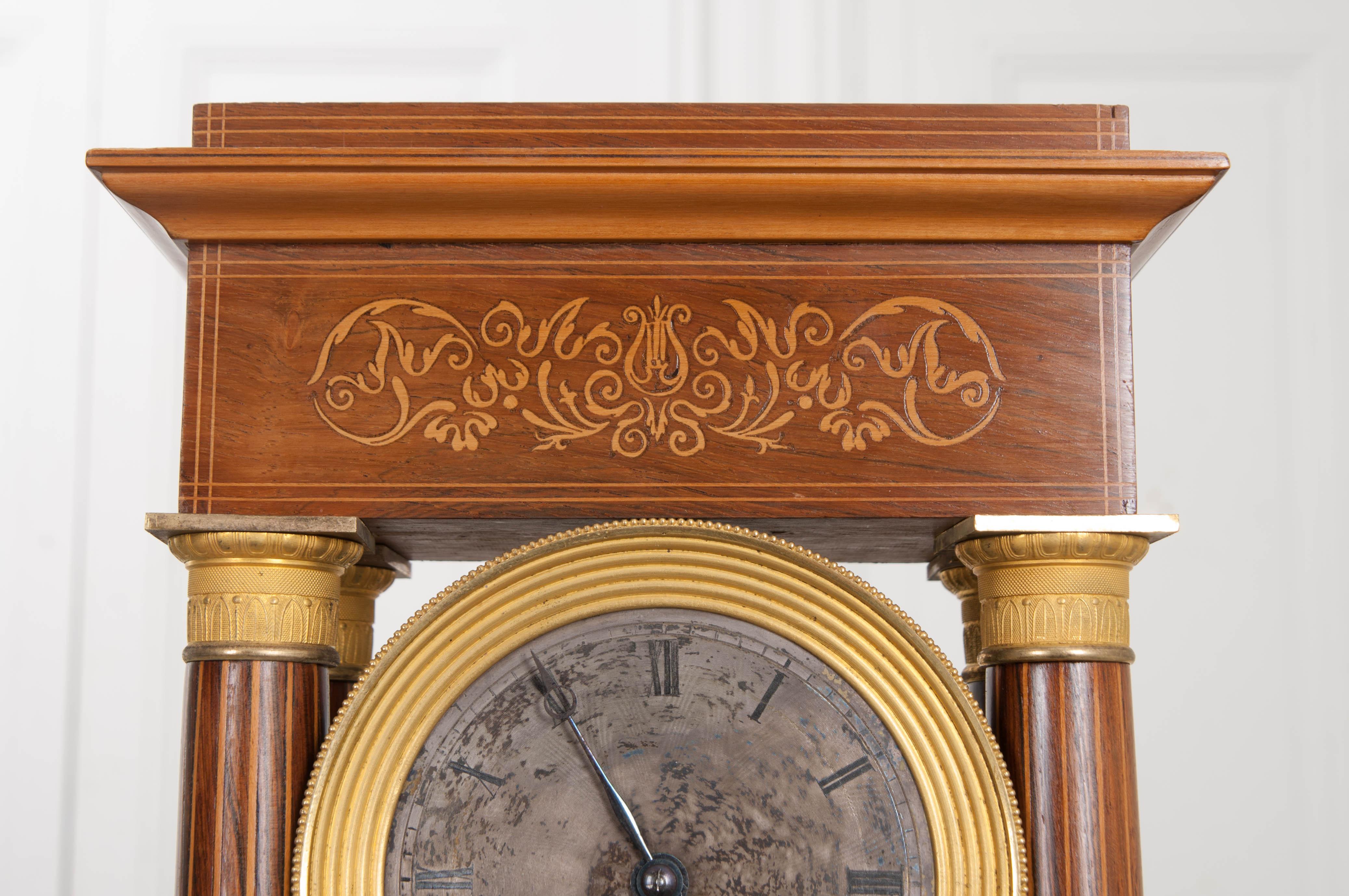 Fine 19th Century Marquetry-Inlaid Satinwood and Gilt-Bronze Portico Clock For Sale 1