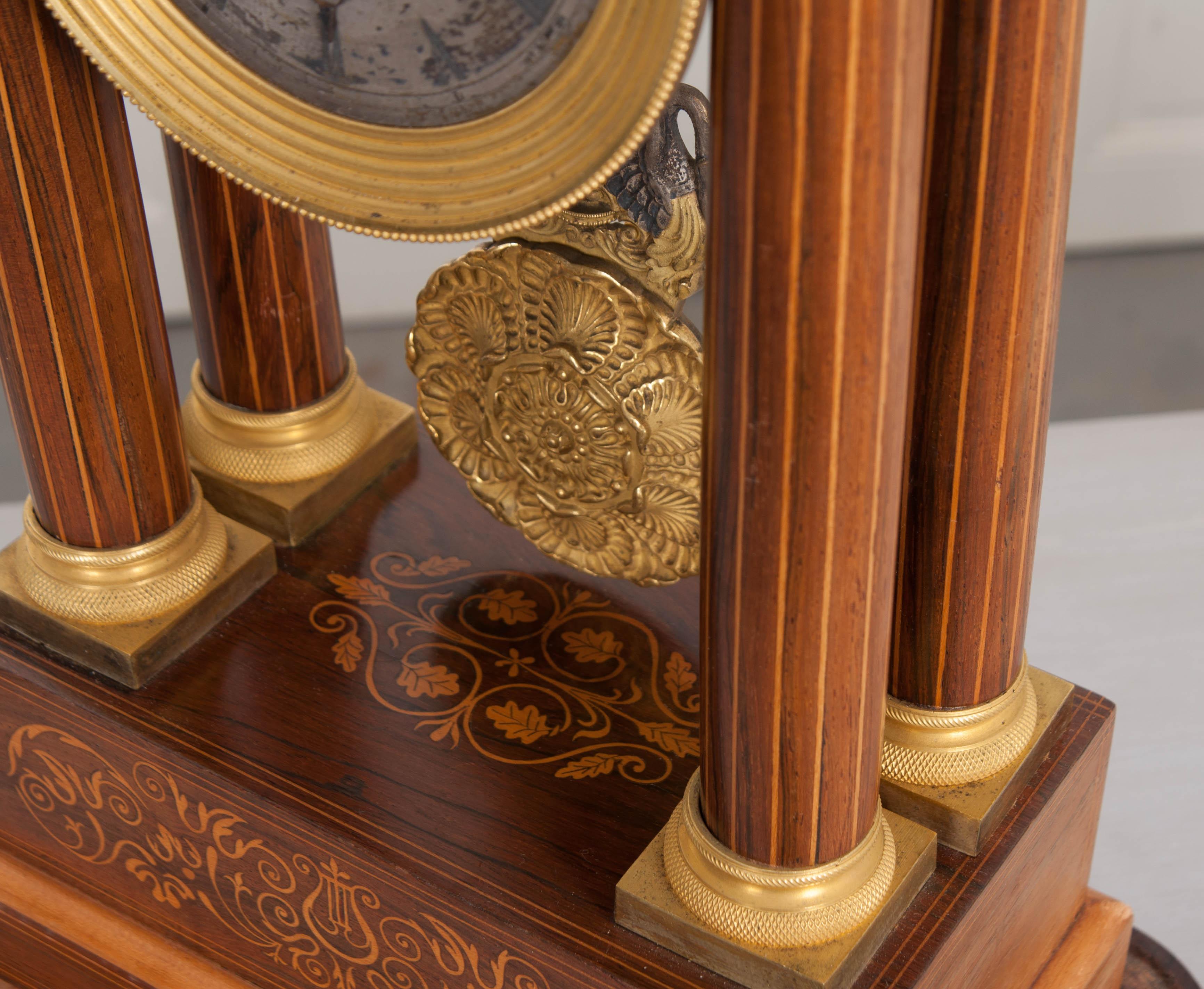 Fine 19th Century Marquetry-Inlaid Satinwood and Gilt-Bronze Portico Clock For Sale 3