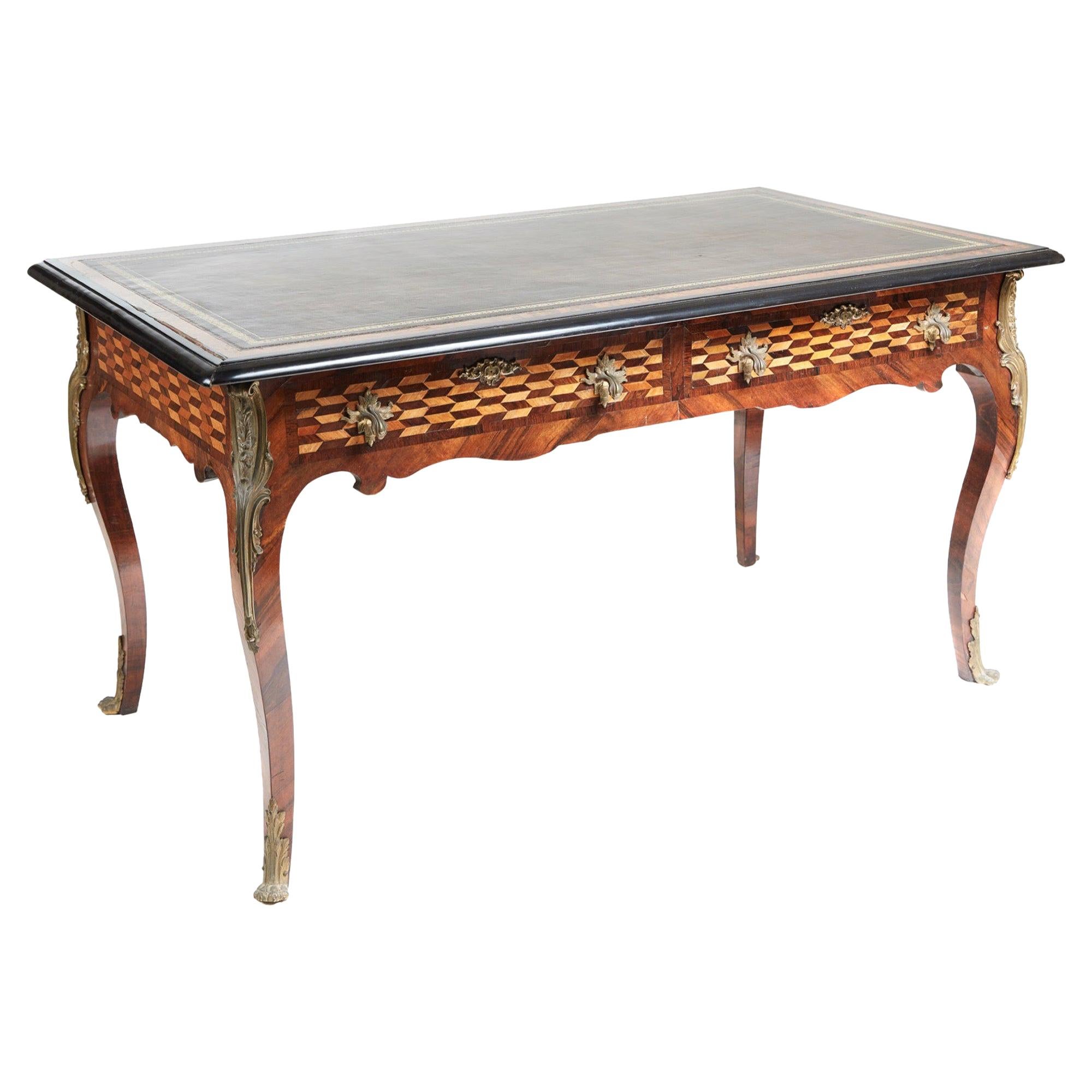 Fine French 19th Century Victorian Parquetry and Ormolu-Mounted Bureau Plat Desk