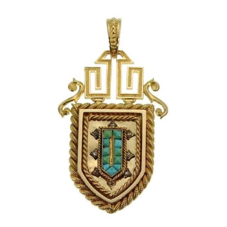 Fine French Antique 18 Karat Yellow Gold and Turquoise Locket Pendant For Sale