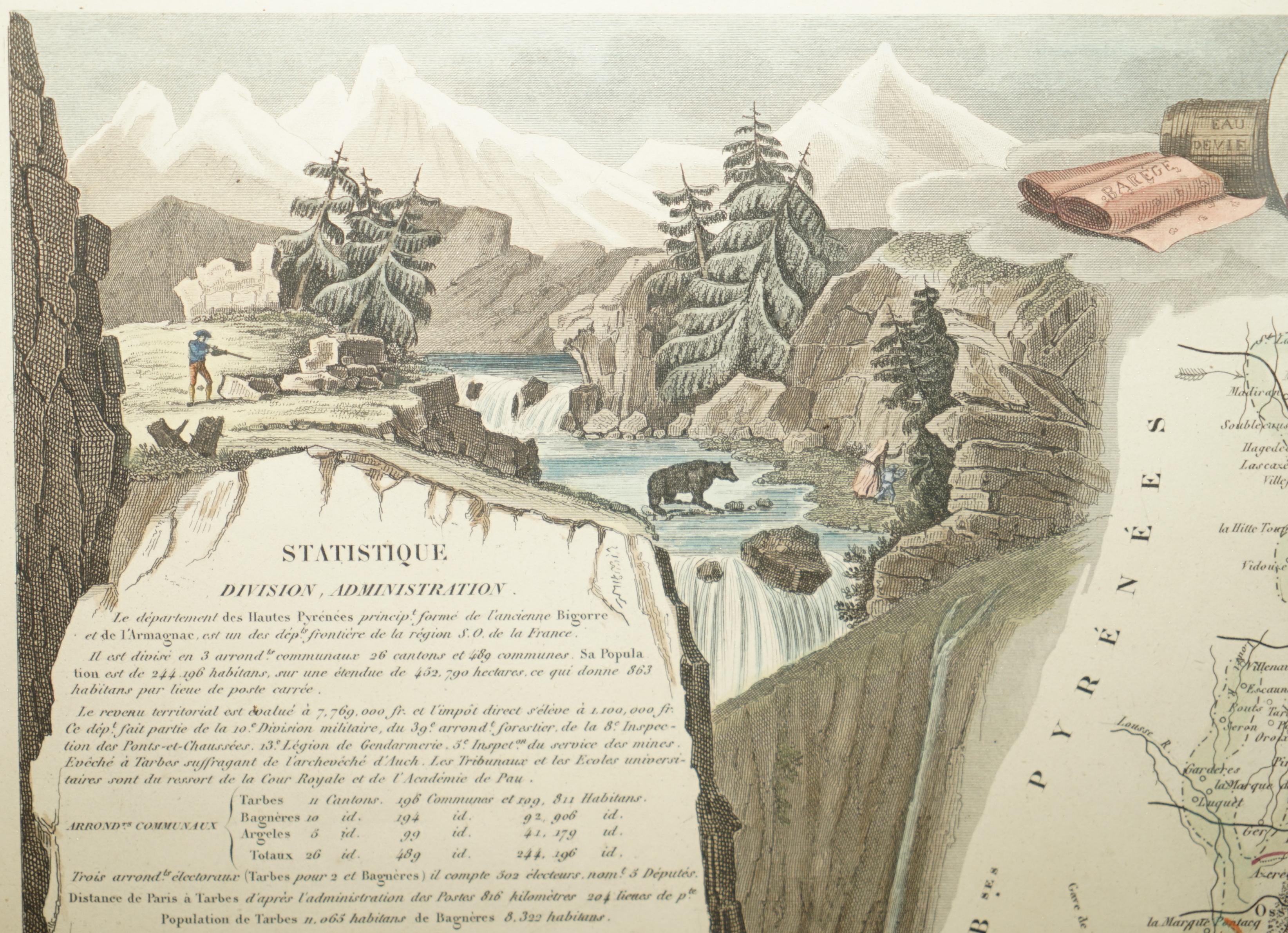 Fine French Antique 1856 Hand Watercolour Map of Dept Des Hautes Pyrenees For Sale 5