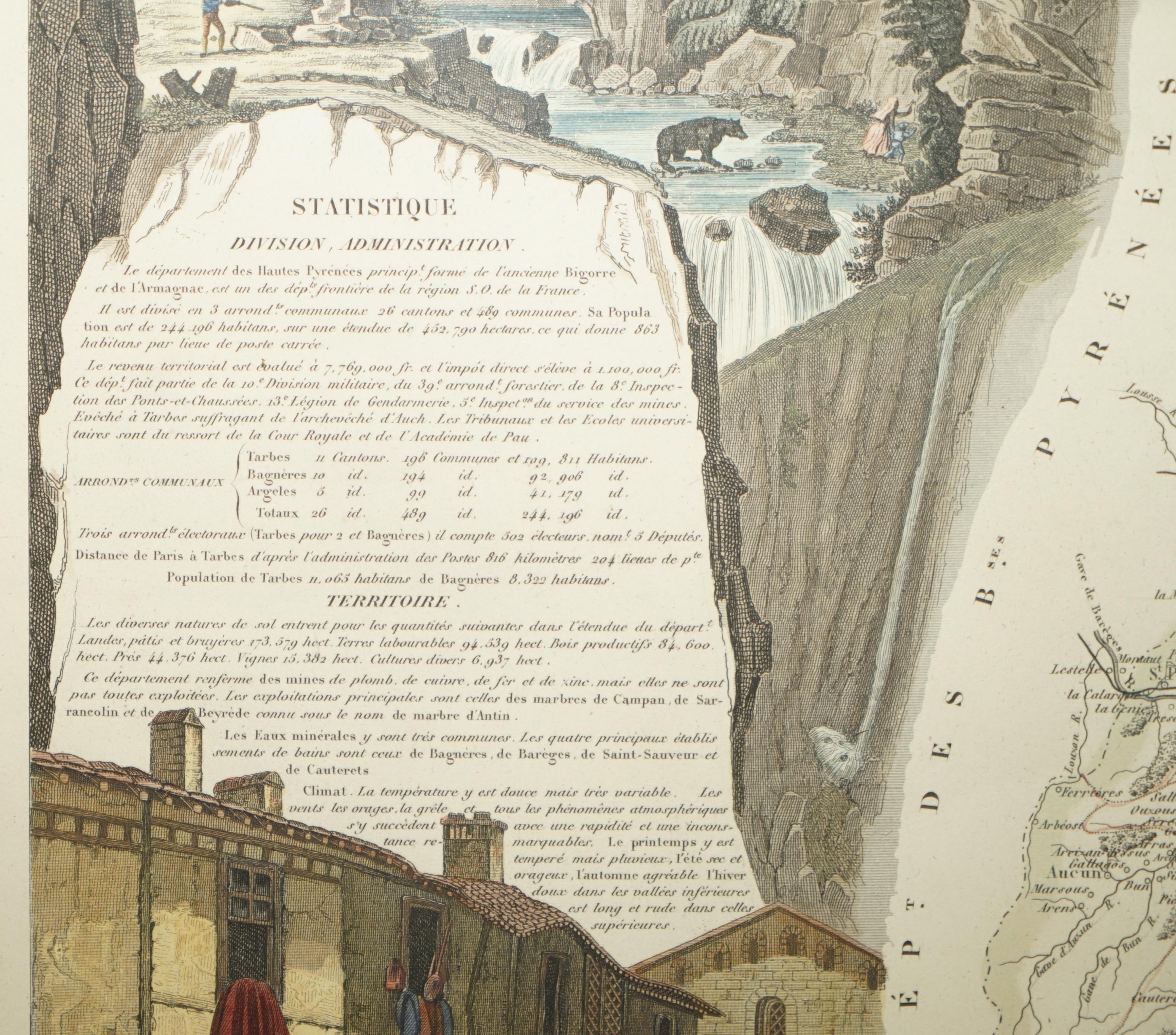 Fine carte française ancienne 1856 aquarelle du département des Hautes Pyrénées en vente 4