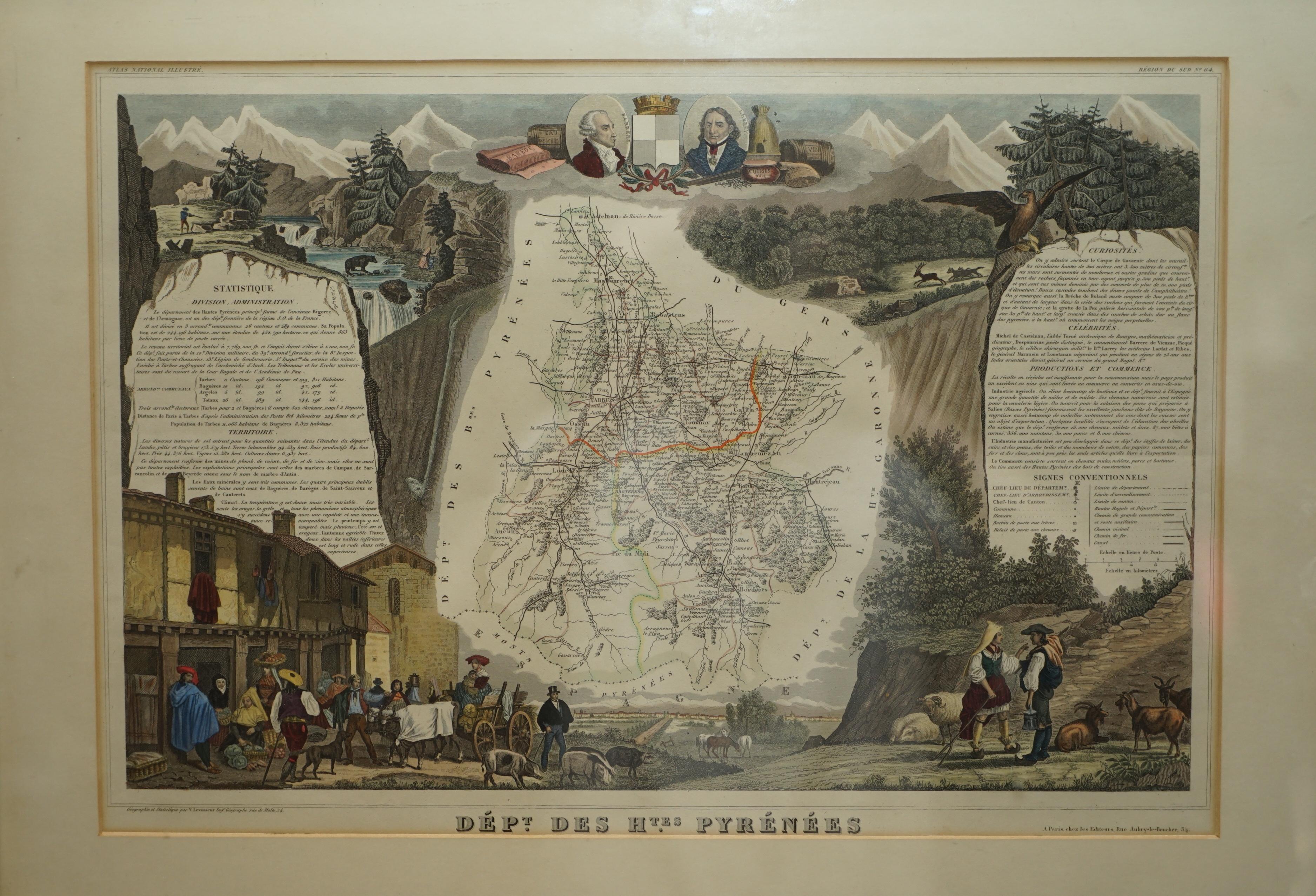 Nous sommes ravis d'offrir à la vente cette superbe carte des Alpes autrichiennes, aquarellée à la main en 1856 et intitulée Dept Des Hautes Pyrénées, tirée de l'Atlas National Illustre de Victor Levasseur.

Il a été publié à Paris par A. Combette