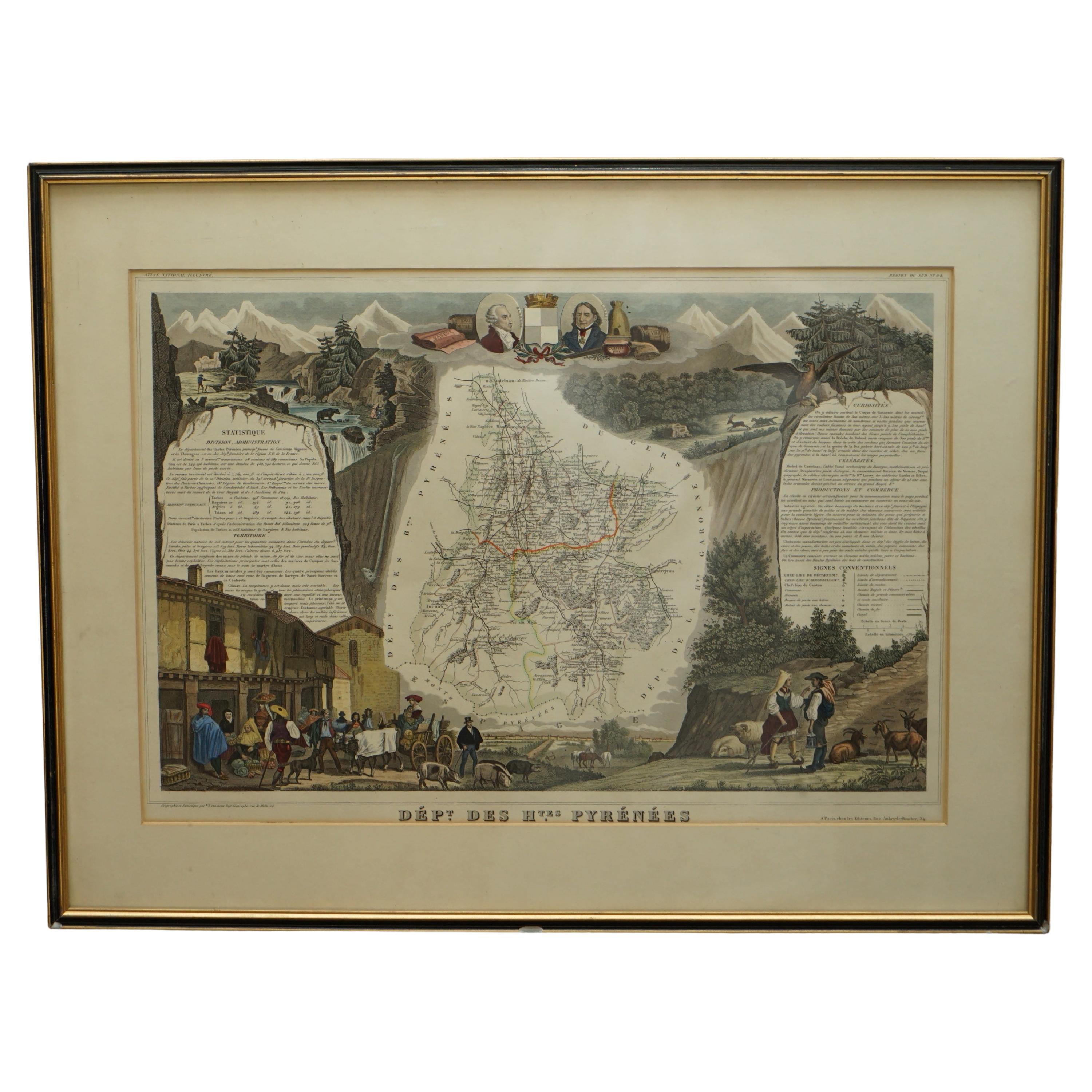 Fine French Antique 1856 Hand Watercolour Map of Dept Des Hautes Pyrenees For Sale
