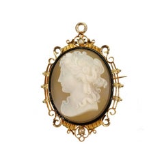 Fine French Antique Cameo Black Enamel Pearl 18 Karat Rose Gold Brooch Pendant