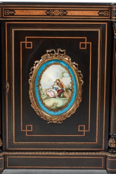 Fine French Antique Ebonized and Amboyna Credenza with Large Sevres Style Plaque