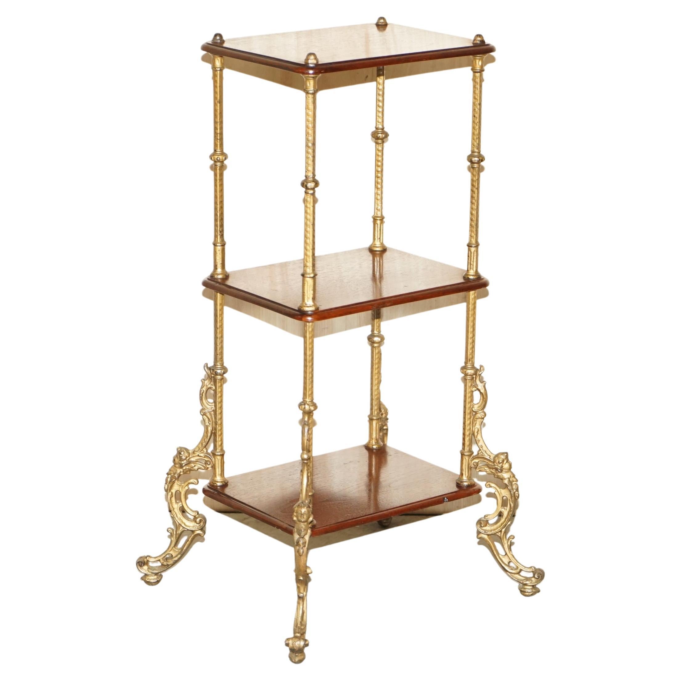 Fine French Antique Hardwood & Brass Etagere Three Tiered Side End Lamp Table For Sale