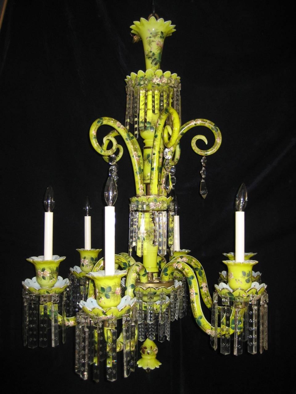 A rare antique French Louis XVI style hand enameled floral yellow opaline glass and crystal multi light chandelier of superb detail depicting pink flowers and green leaves, further adorned with cut crystal prisms.