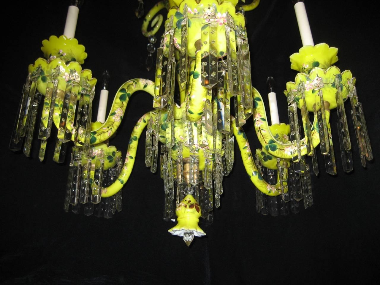 Crystal Fine French Antique Louis XVI Style Yellow Opaline Glass Chandelier
