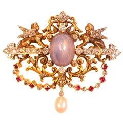 Fine French Antique Star Sapphire and Diamonds 18 Karat Yellow Gold Brooch, 1860