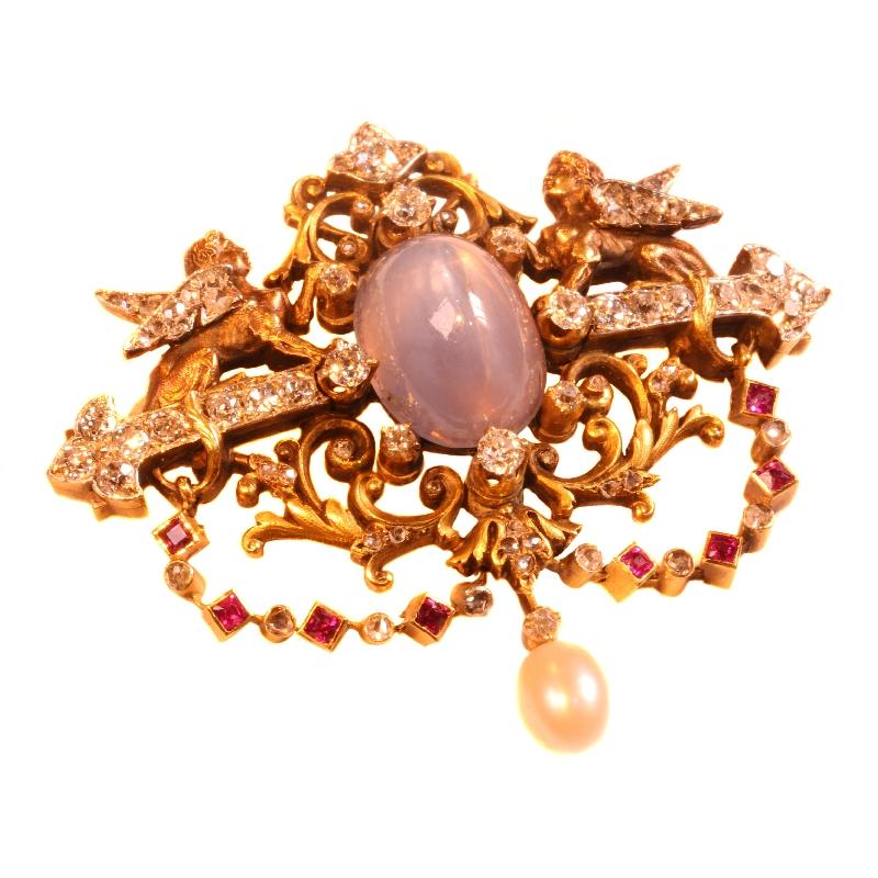 Romantic Fine French Antique Star Sapphire and Diamonds 18 Karat Yellow Gold Brooch, 1860 For Sale
