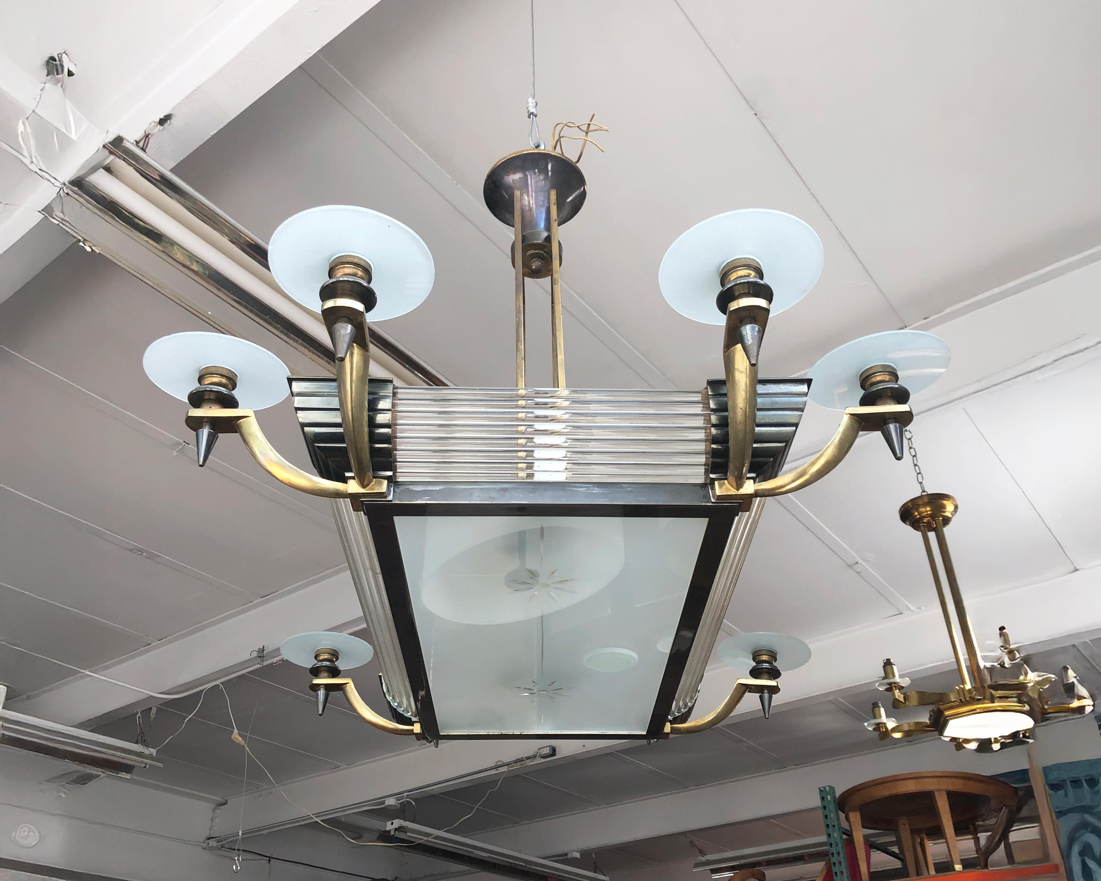 Fine French Art Deco Brass and Glass Chandelier by Petitot For Sale 6