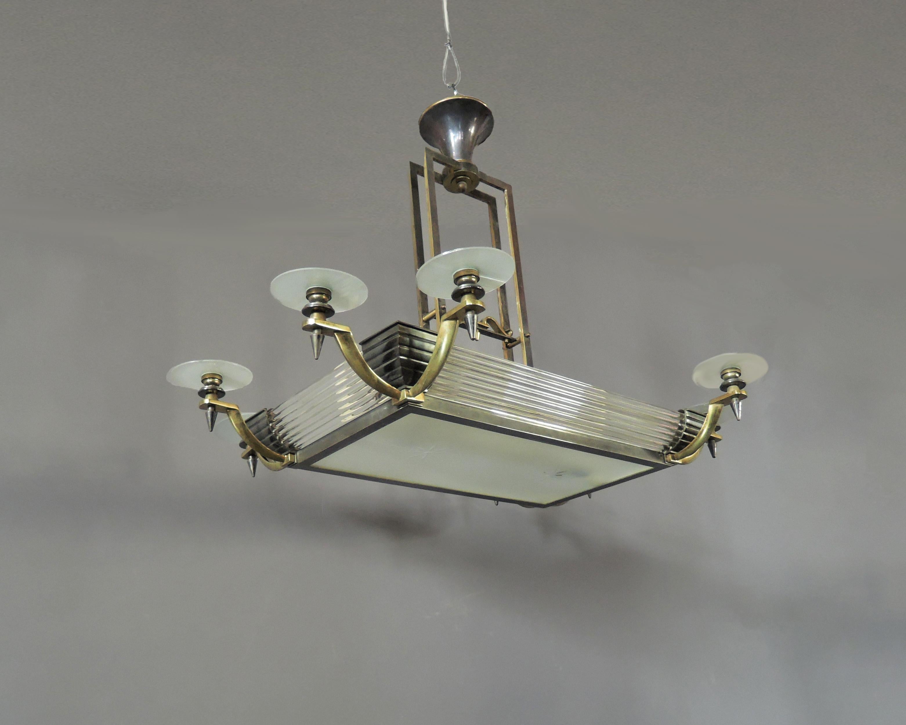 Fine French Art Deco Brass and Glass Chandelier by Petitot For Sale 9