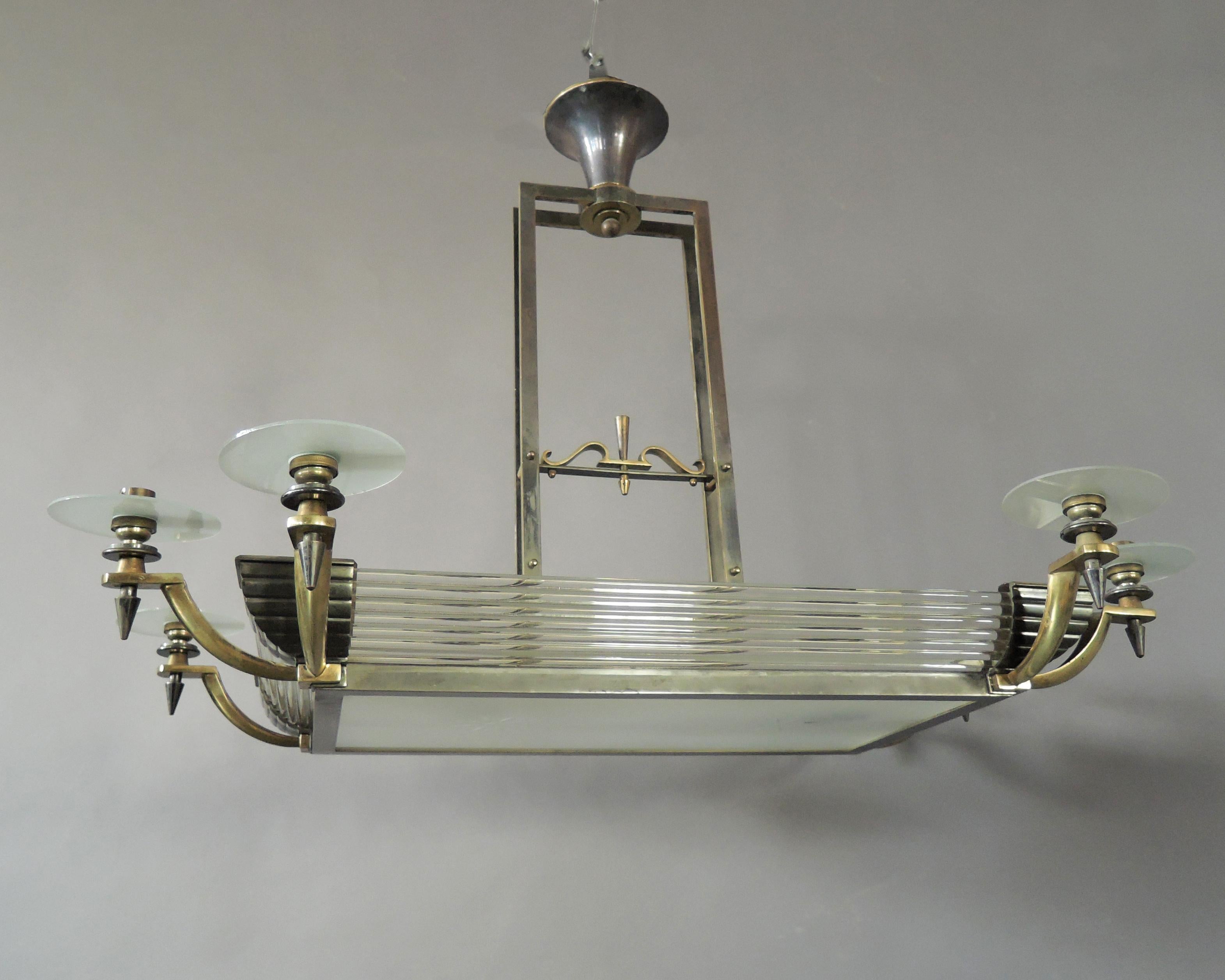 Fine French Art Deco Brass and Glass Chandelier by Petitot In Good Condition For Sale In Long Island City, NY