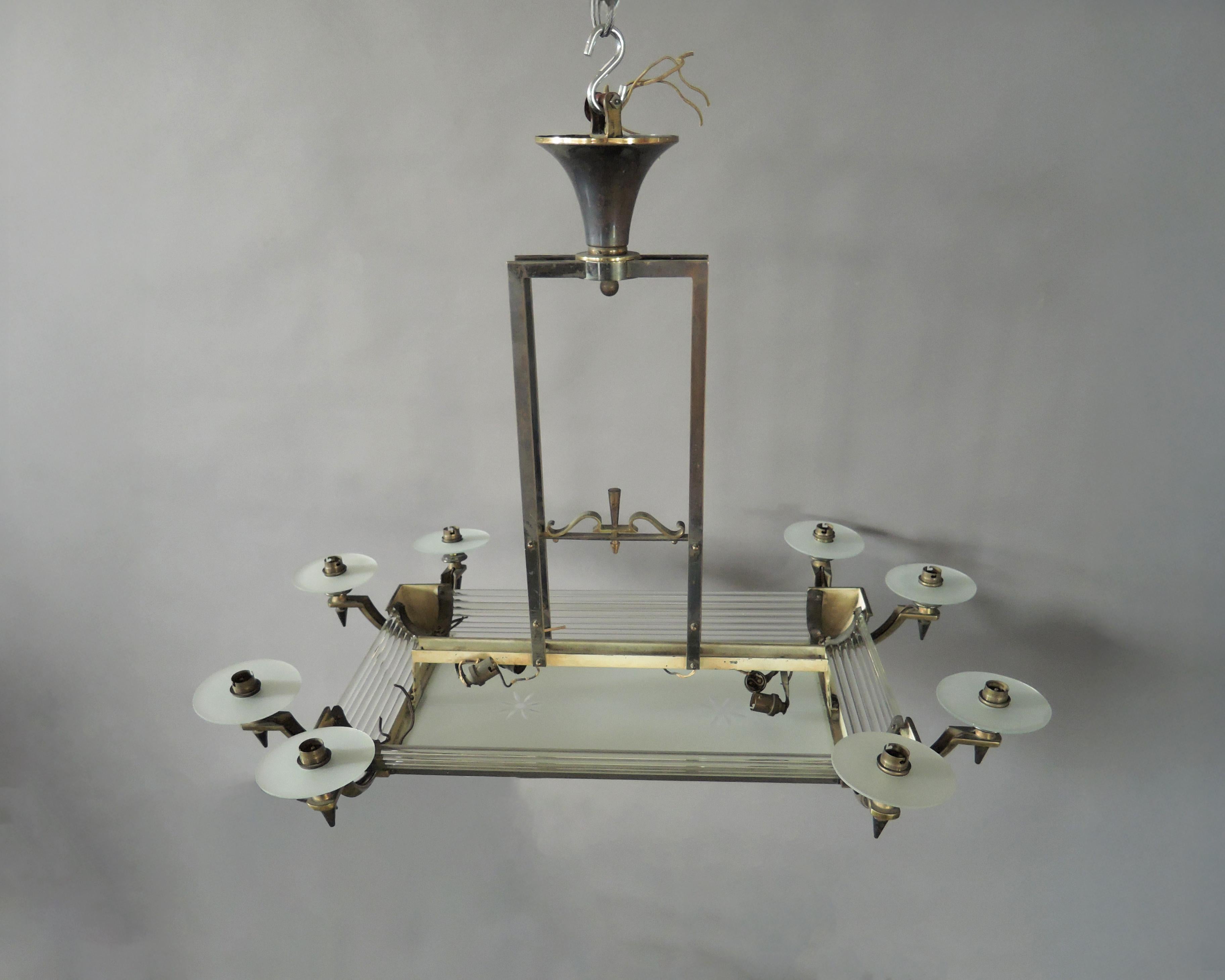 Mid-20th Century Fine French Art Deco Brass and Glass Chandelier by Petitot For Sale