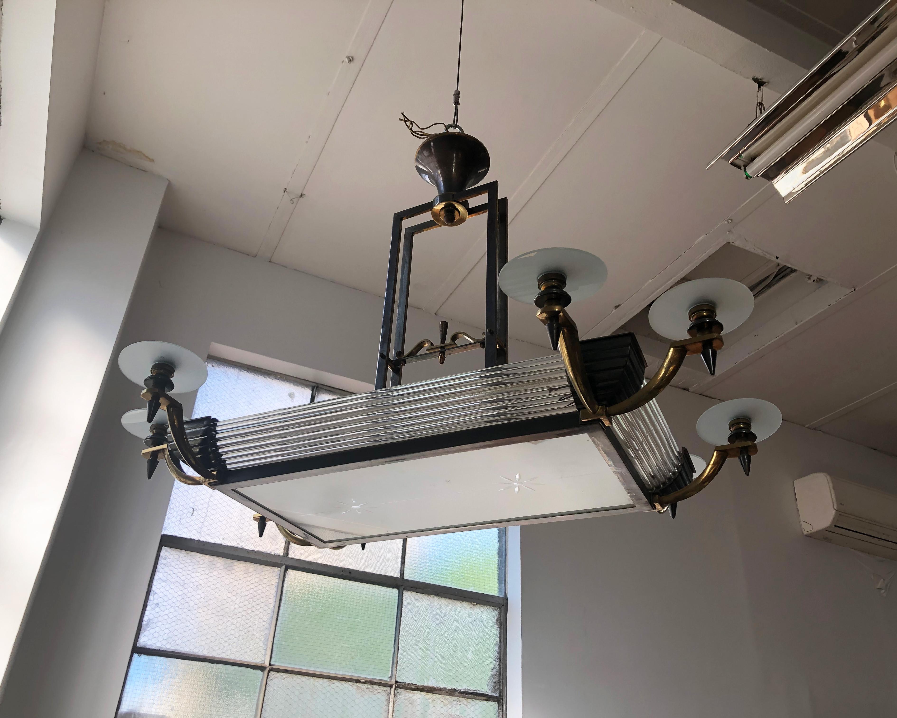 Fine French Art Deco Brass and Glass Chandelier by Petitot For Sale 4