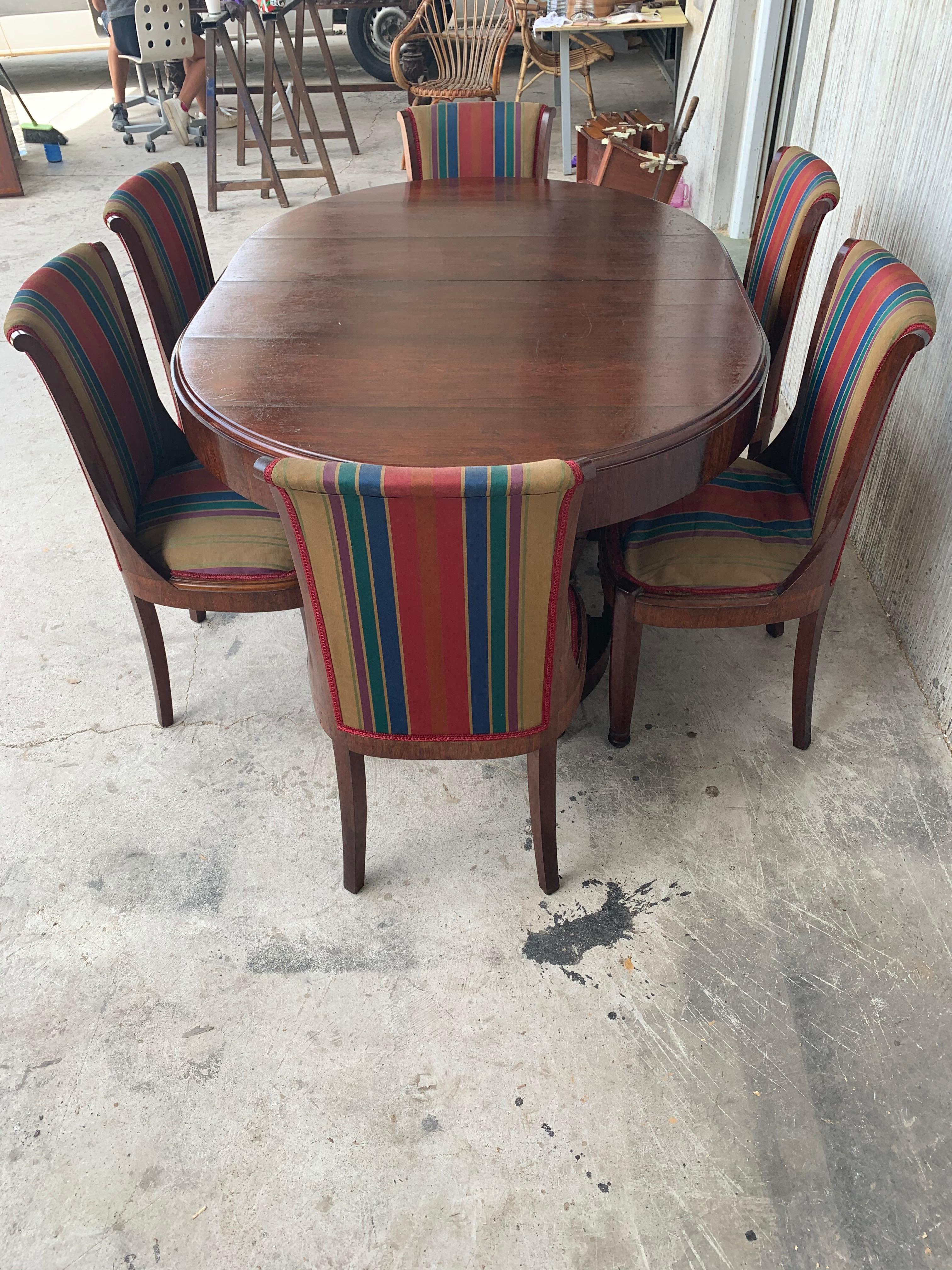 Fine French Art Deco Burl Elm Two Pedestal Oval Table with Six Chairs In Good Condition For Sale In Miami, FL