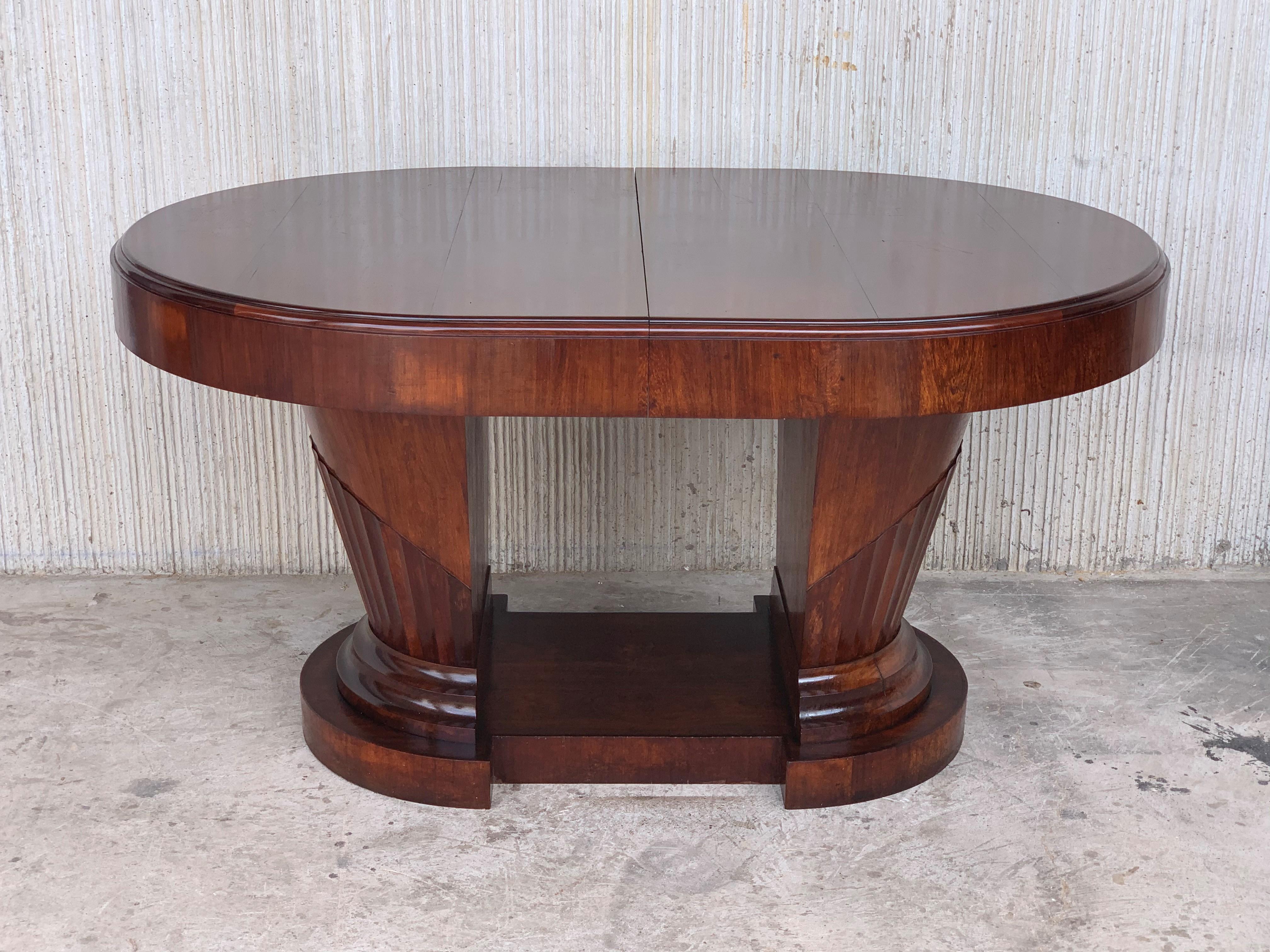 20th Century Fine French Art Deco Burl Elm Two Pedestal Oval Table with Six Chairs For Sale