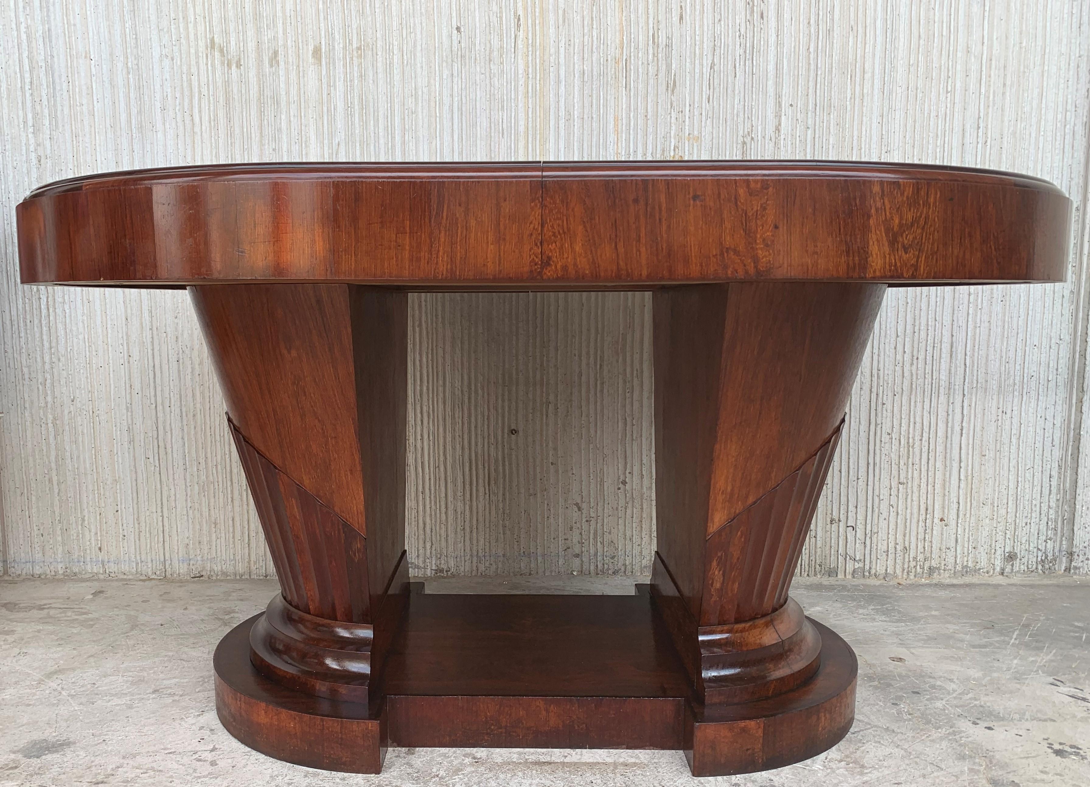 Fine French Art Deco Burl Elm Two Pedestal Oval Table with Six Chairs For Sale 2