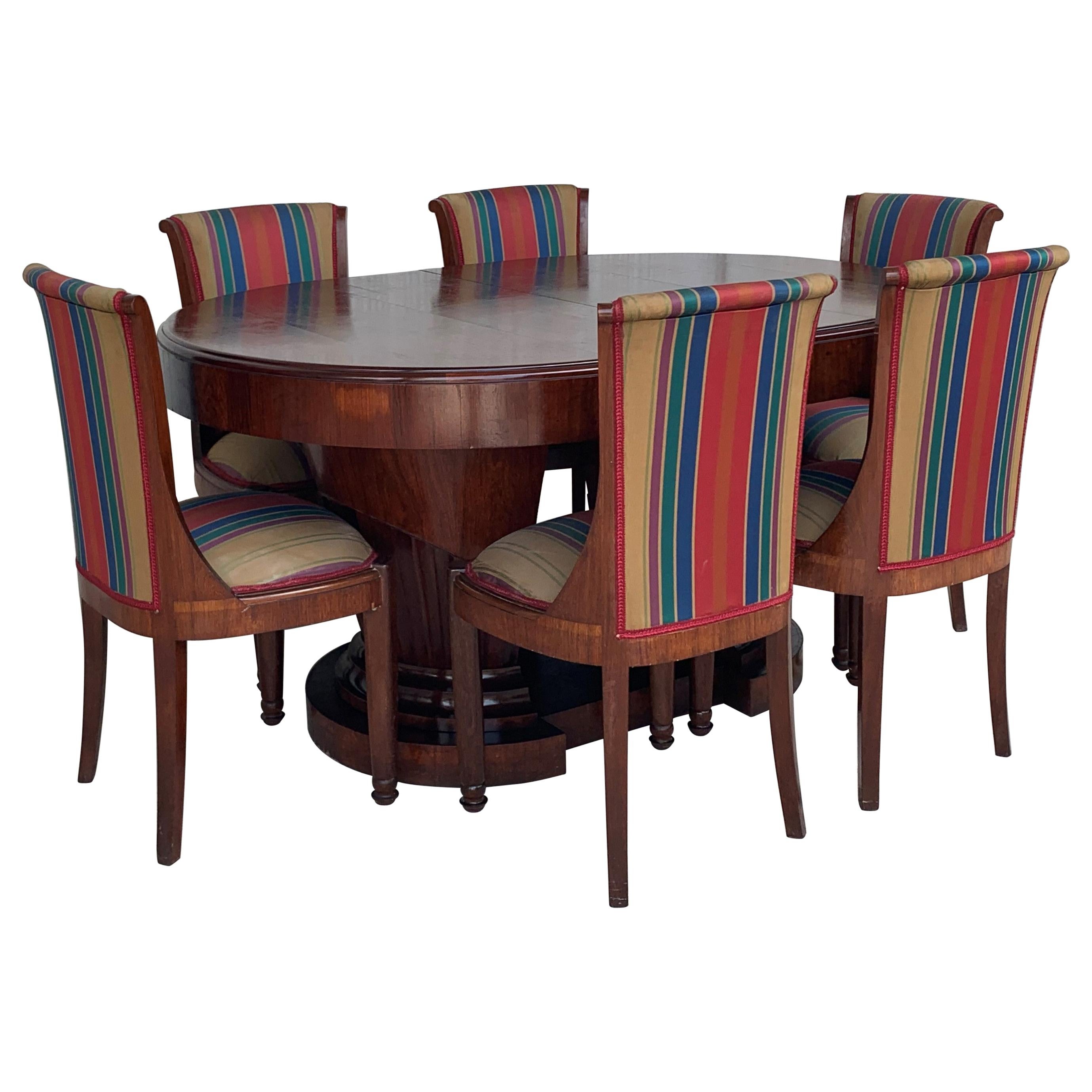 Ovaler französischer Art-Déco-Tisch aus Wurzelholz mit zwei Sockeln und sechs Stühlen