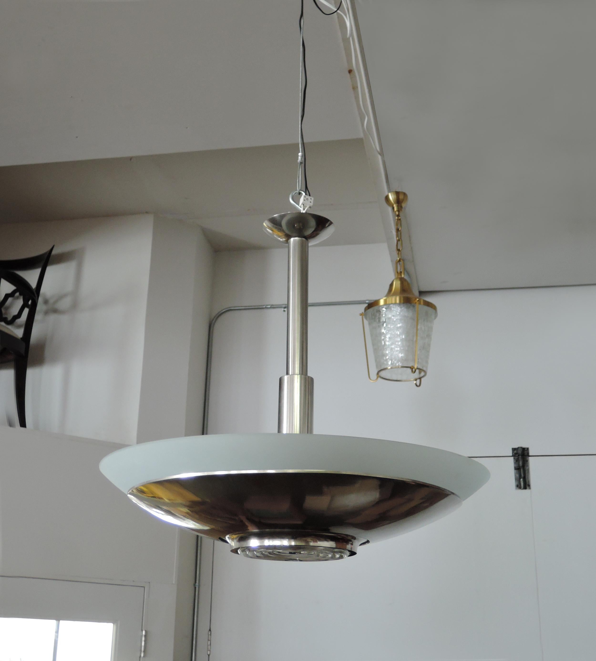 Mid-20th Century Fine French Art Deco Chrome and Glass Chandelier by Jean Perzel For Sale