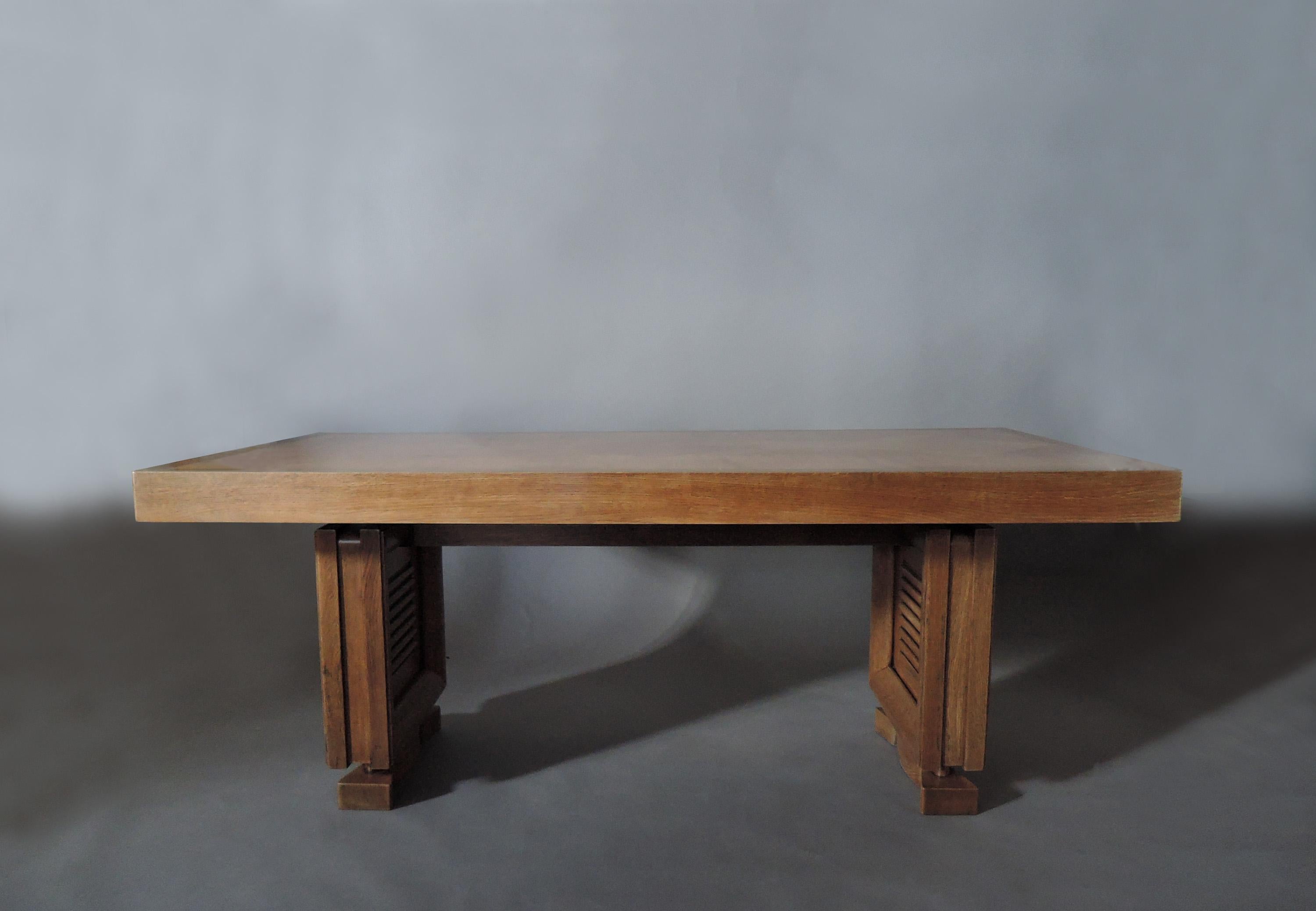 Charles Dudouyt (1885-1946) - A fine French Art Deco oak dining table with a marquetry top and 2 original end leaves. Signed 
Table top is 73