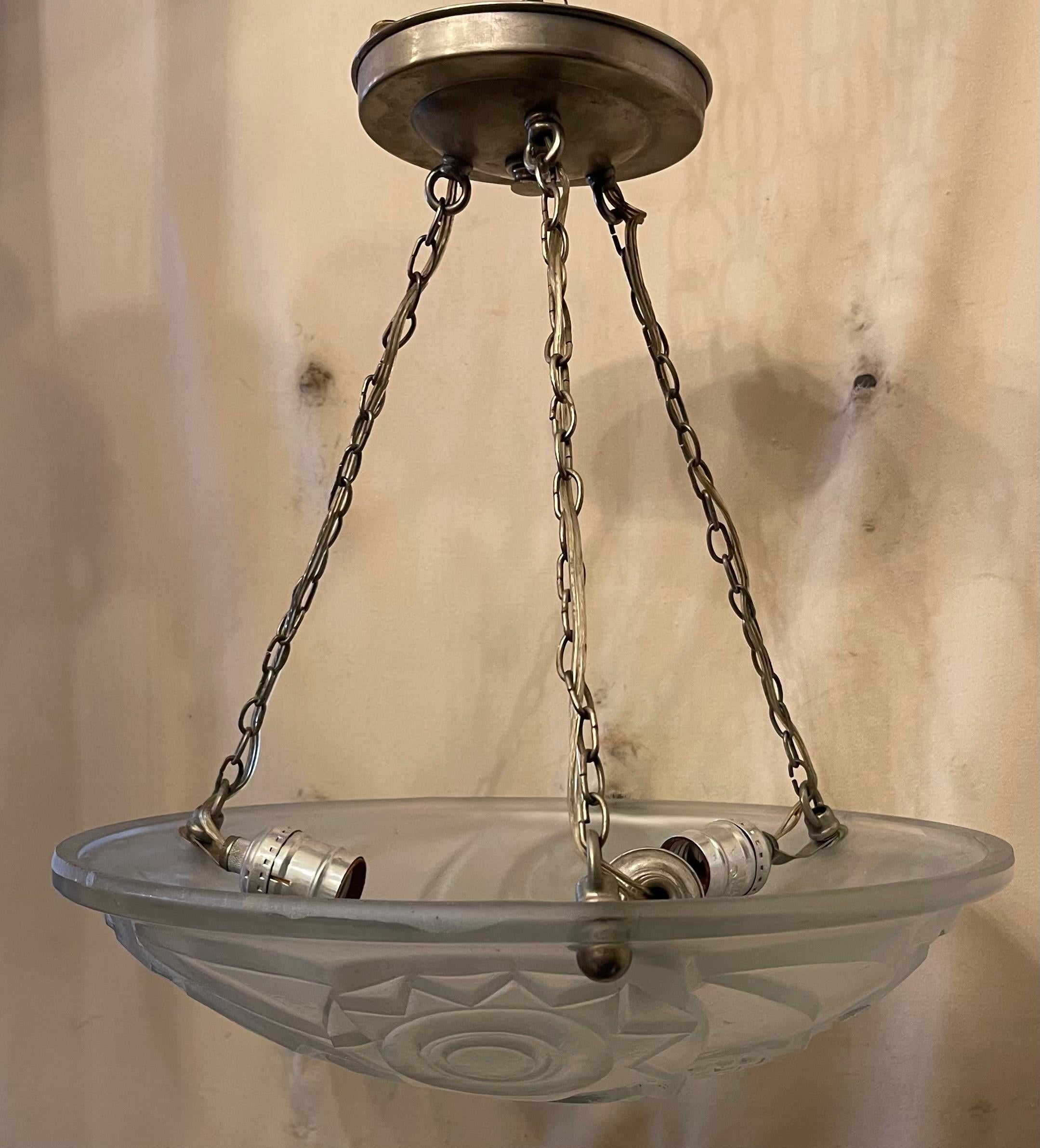 Fine French Art Deco Frosted Glass Pendent Semi Flush Three-Light Nickel Fixture In Good Condition For Sale In Roslyn, NY