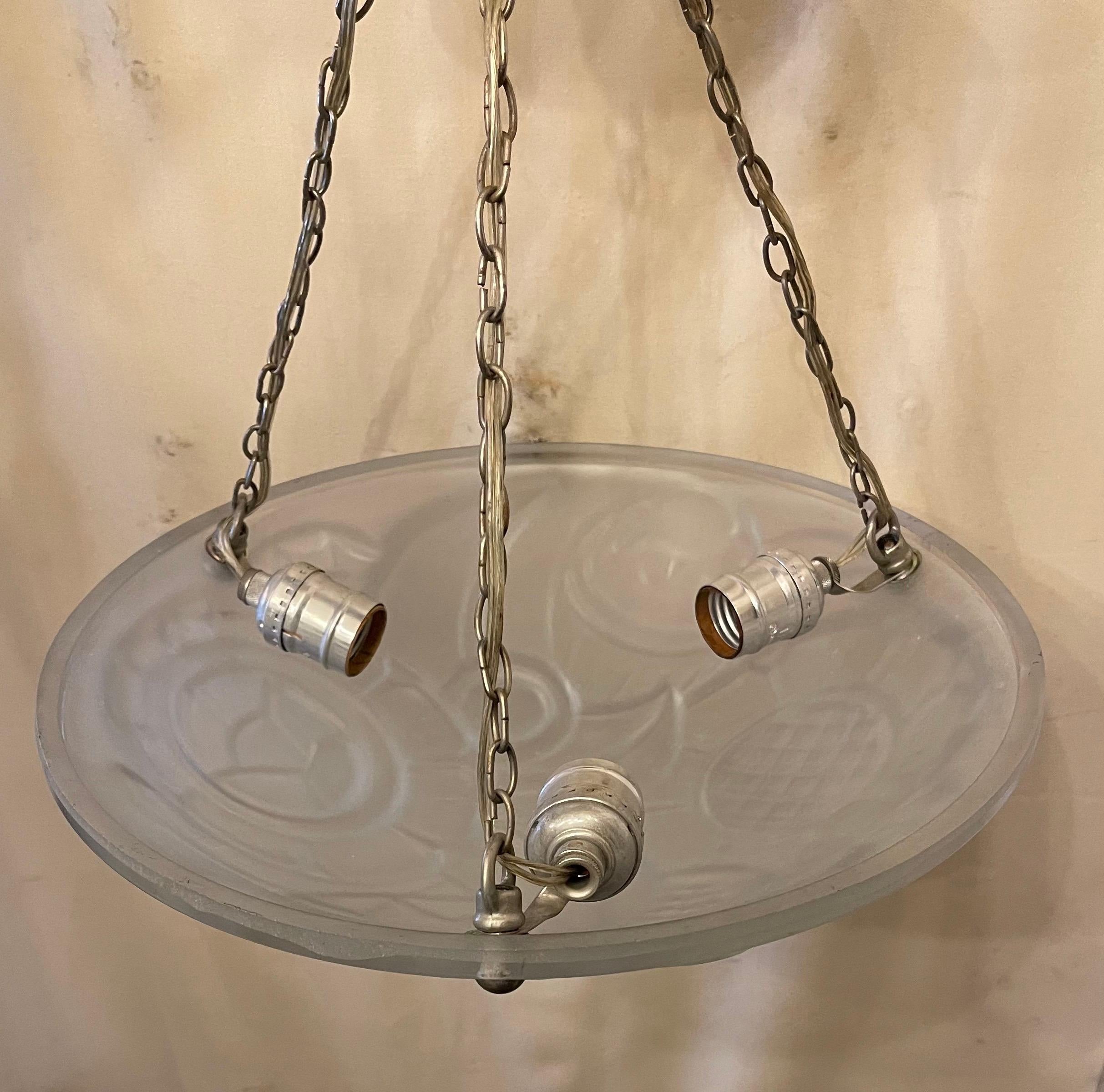 20th Century Fine French Art Deco Frosted Glass Pendent Semi Flush Three-Light Nickel Fixture For Sale