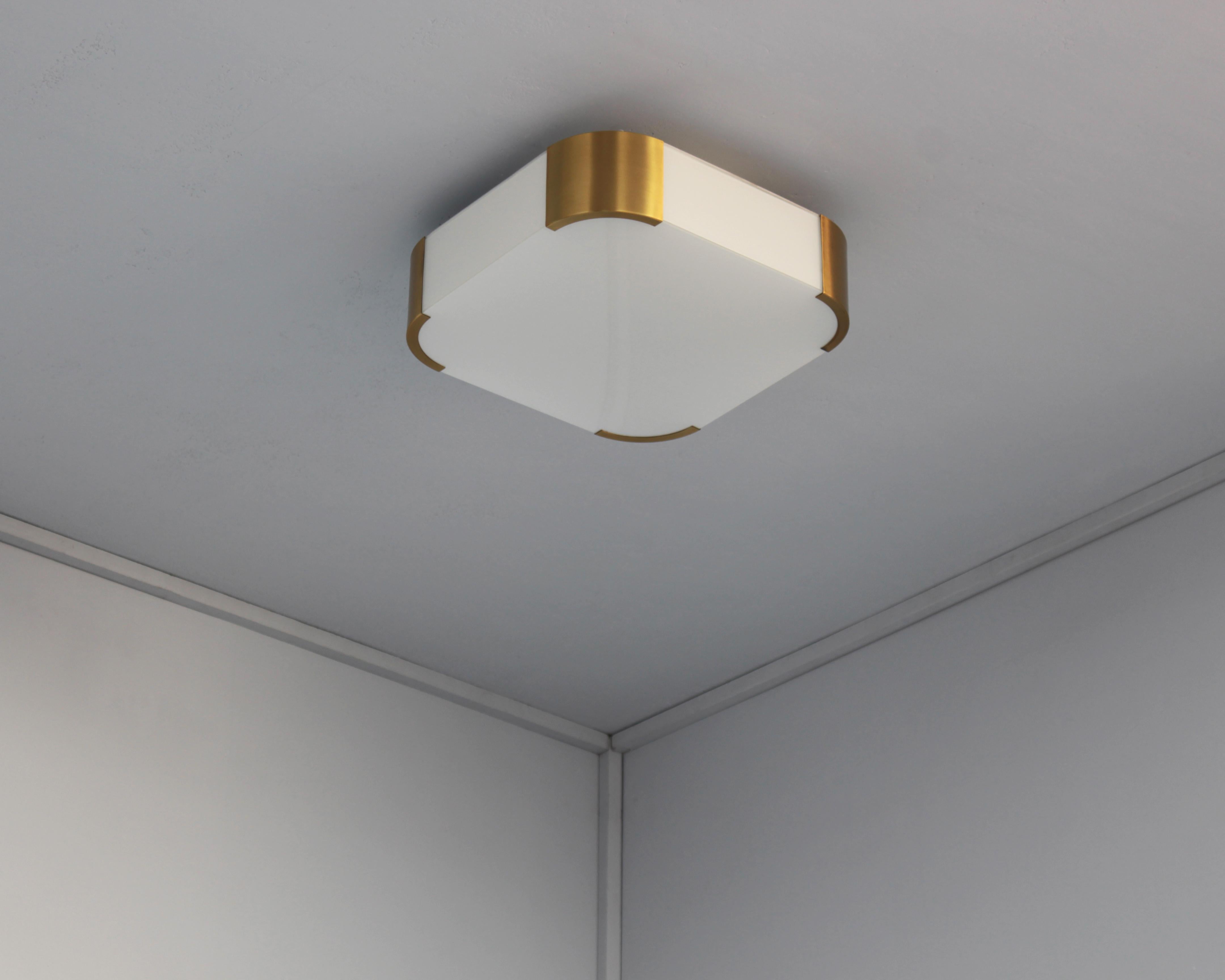 Atelier Perzel - A fine French Art Deco enameled glass and gilded bronze square ceiling or wall light with rounded corners.