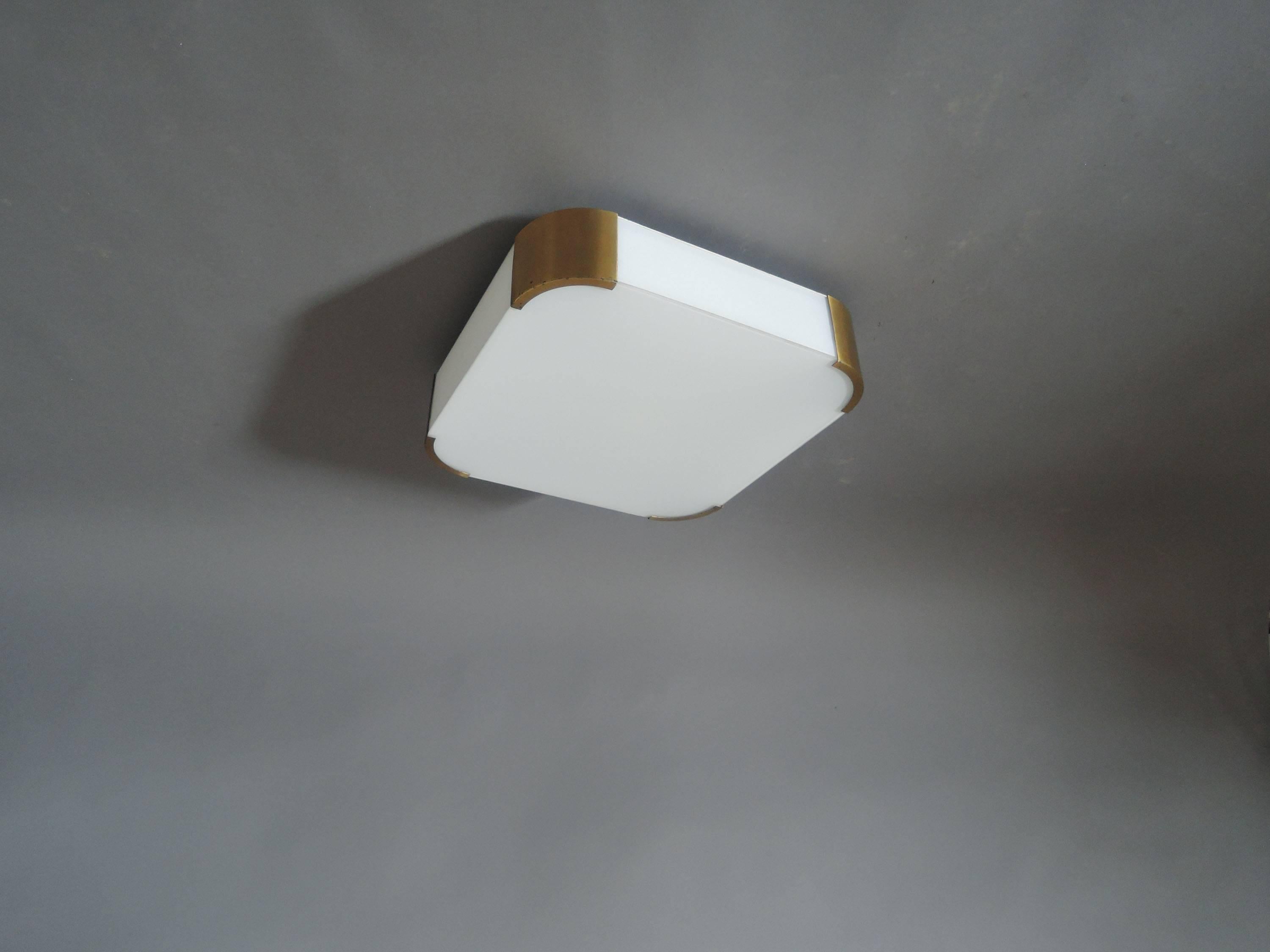 Fine French Art Deco Glass and Bronze Square Ceiling or Wall Light by Perzel 1