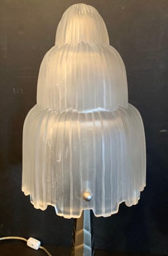Fine French Art Deco Glass Waterfall Table Lamp Signed Sabino Silvered Bronze