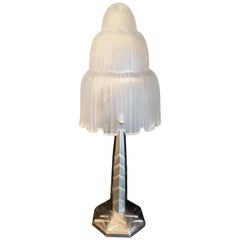 Fine French Art Deco Glass Waterfall Table Lamp Signed Sabino Silvered Bronze