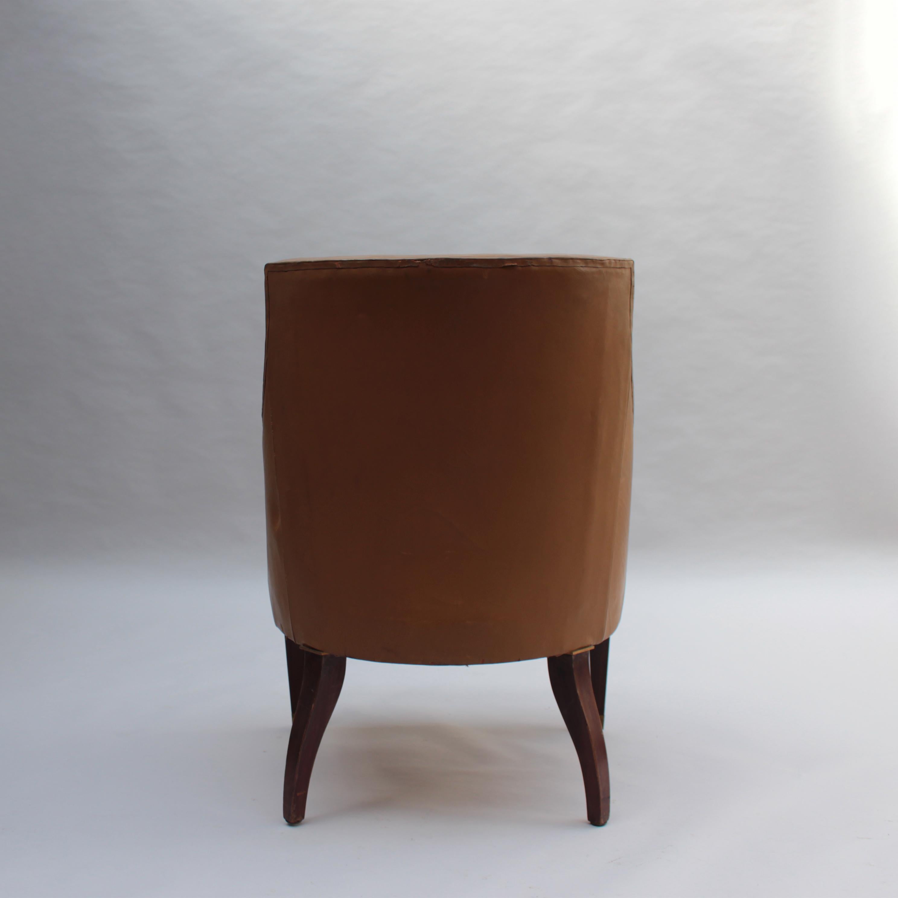 Mid-20th Century Fine French 1950s Mahogany and Leather Armchair by Jacques Quinet For Sale